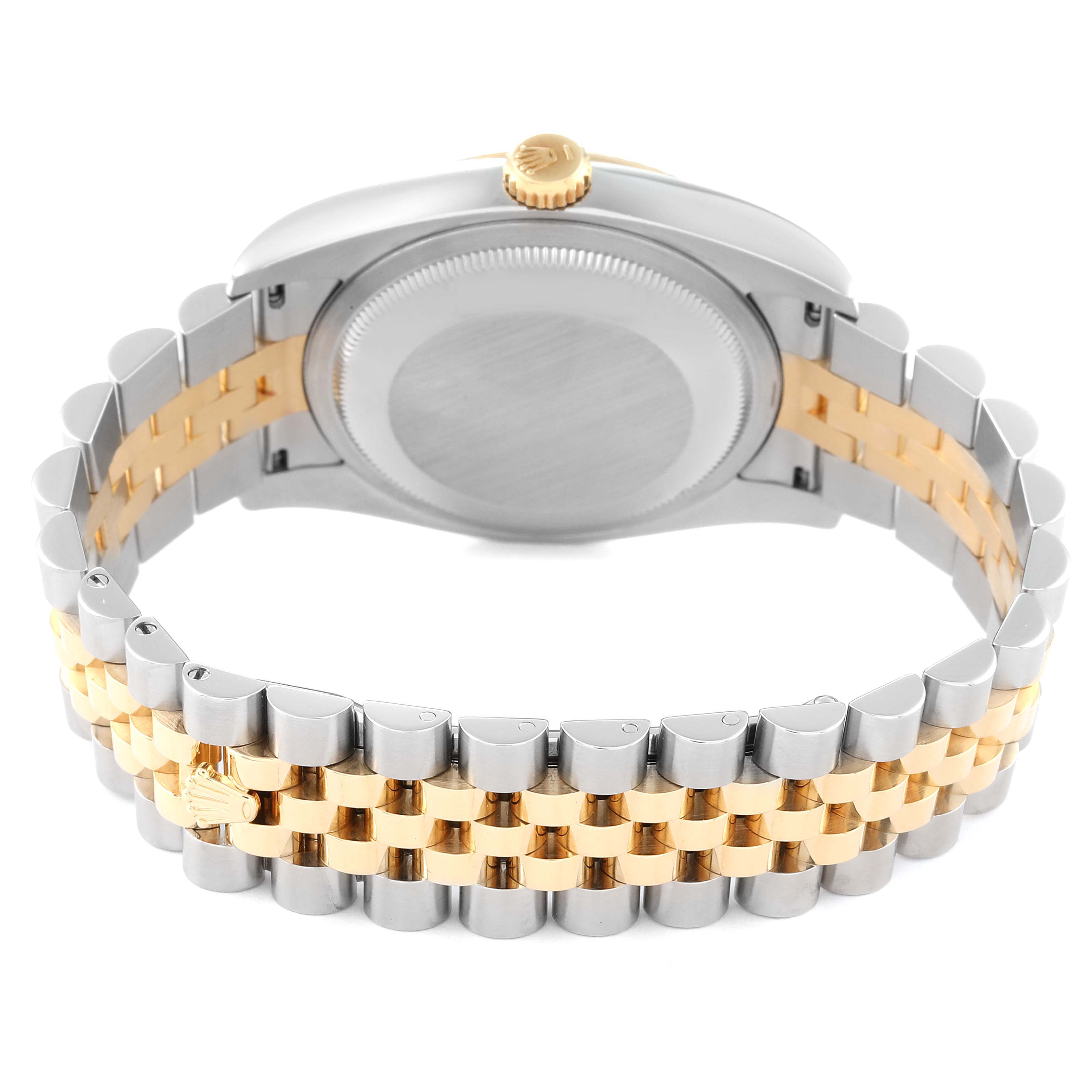 The image shows the back case and two-tone bracelet of a Rolex Datejust 116233 Men's Steel and Gold (two tone) White Dial 116233 Men's Steel and Gold (two tone) White Dial watch.