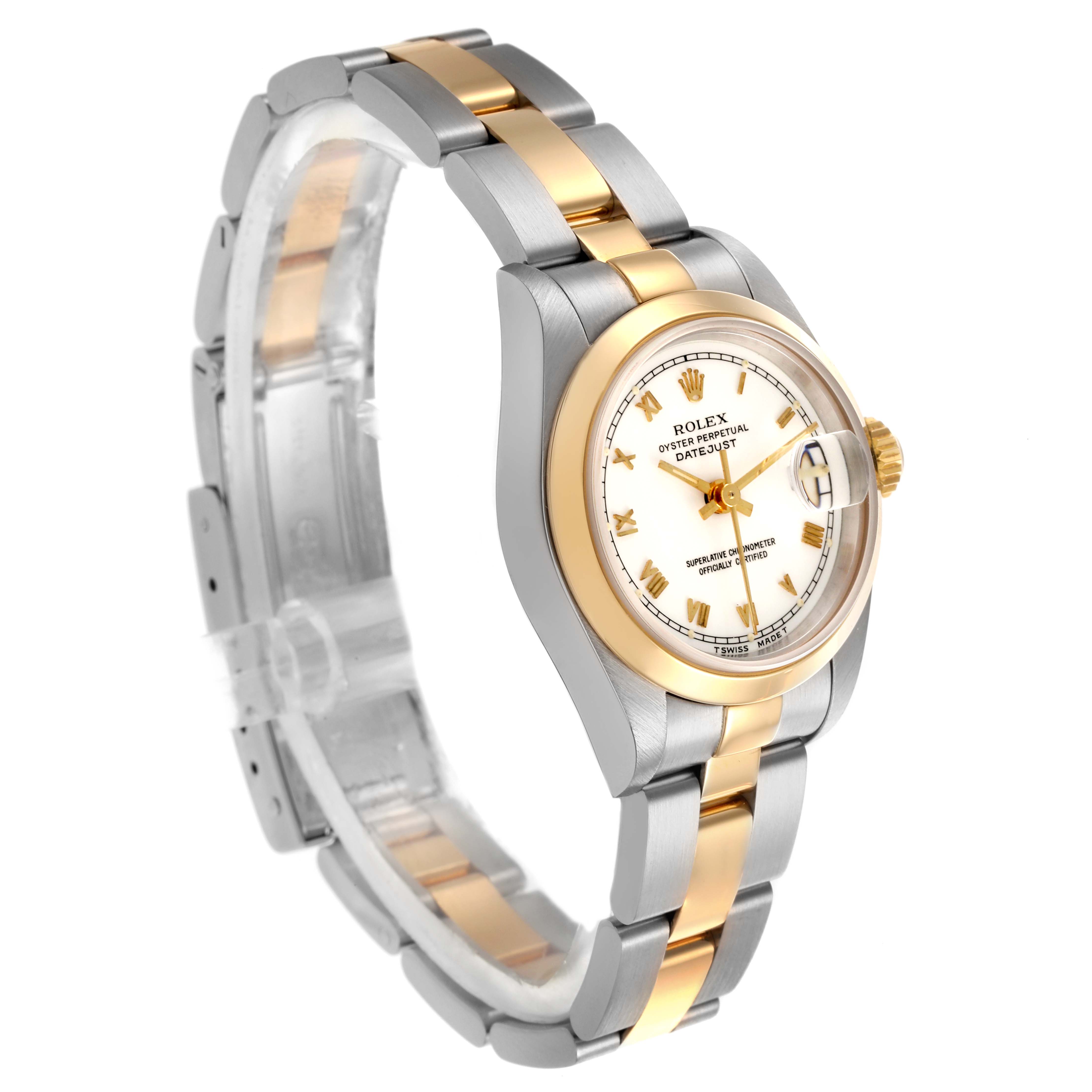 The Rolex Datejust 69163 Women's Steel and Gold (two tone) White Dial 69163 Women's Steel and Gold (two tone) White Dial watch is shown at a three-quarter angle, highlighting the case, bracelet, crown, and face.