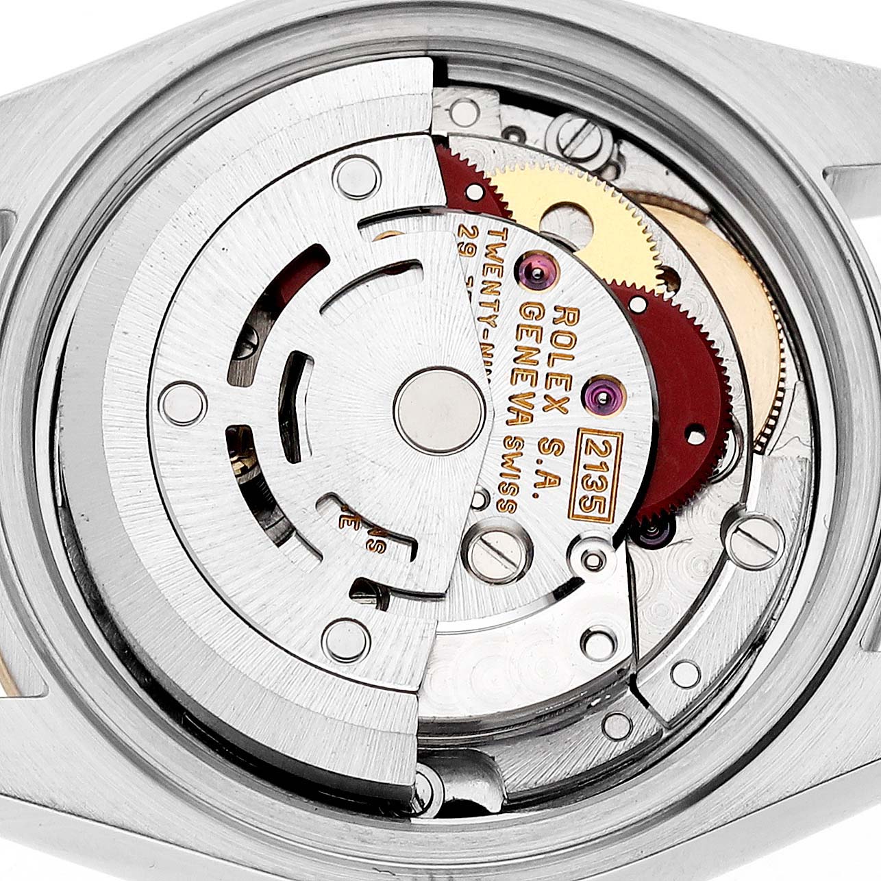 The image shows the movement mechanism of a Rolex Datejust 69163 Women's Steel and Gold (two tone) White Dial 69163 Women's Steel and Gold (two tone) White Dial watch from a top-down angle.