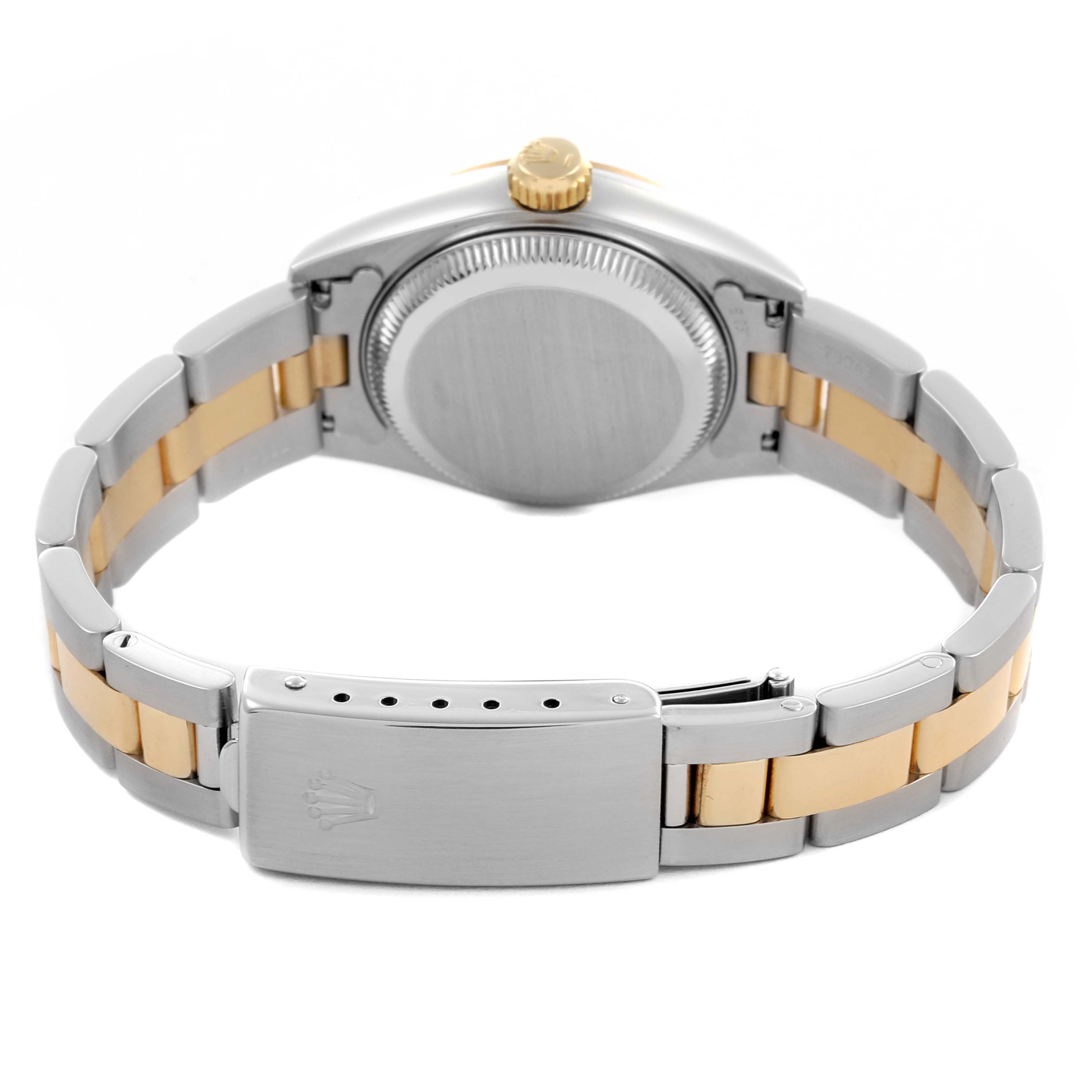 The image shows the back case, crown, and bracelet clasp of a Rolex Datejust 69163 Women's Steel and Gold (two tone) White Dial 69163 Women's Steel and Gold (two tone) White Dial watch.