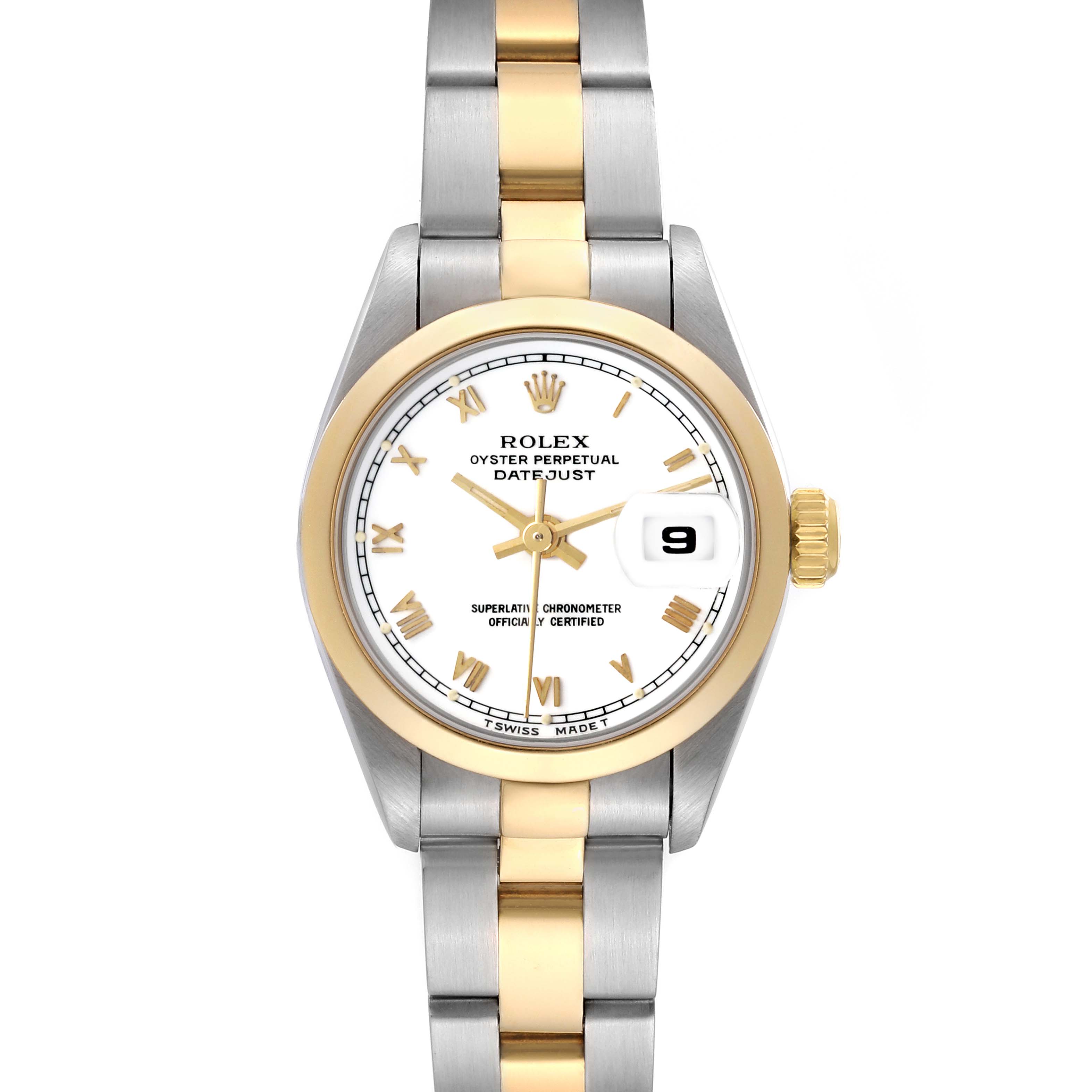 The image shows a frontal view of a Rolex Datejust 69163 Women's Steel and Gold (two tone) White Dial 69163 Women's Steel and Gold (two tone) White Dial watch, highlighting the face, bezel, and bracelet.