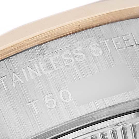 The image shows a close-up of the stainless steel case back of a Rolex Datejust 69163 Women's Steel and Gold (two tone) White Dial 69163 Women's Steel and Gold (two tone) White Dial.