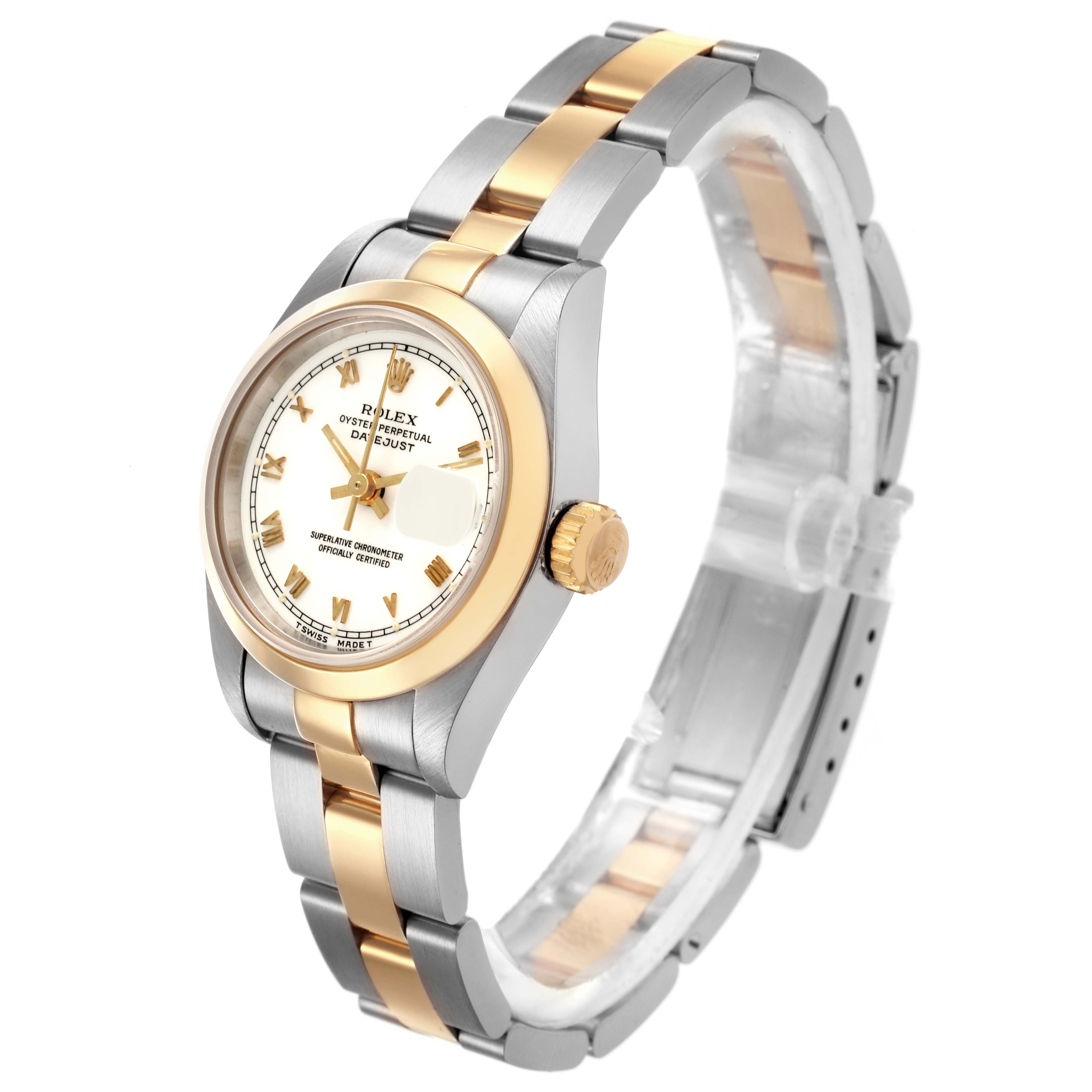 The Rolex Datejust 69163 Women's Steel and Gold (two tone) White Dial 69163 Women's Steel and Gold (two tone) White Dial watch is shown at an angled side view, displaying the face, bezel, crown, and two-tone bracelet.