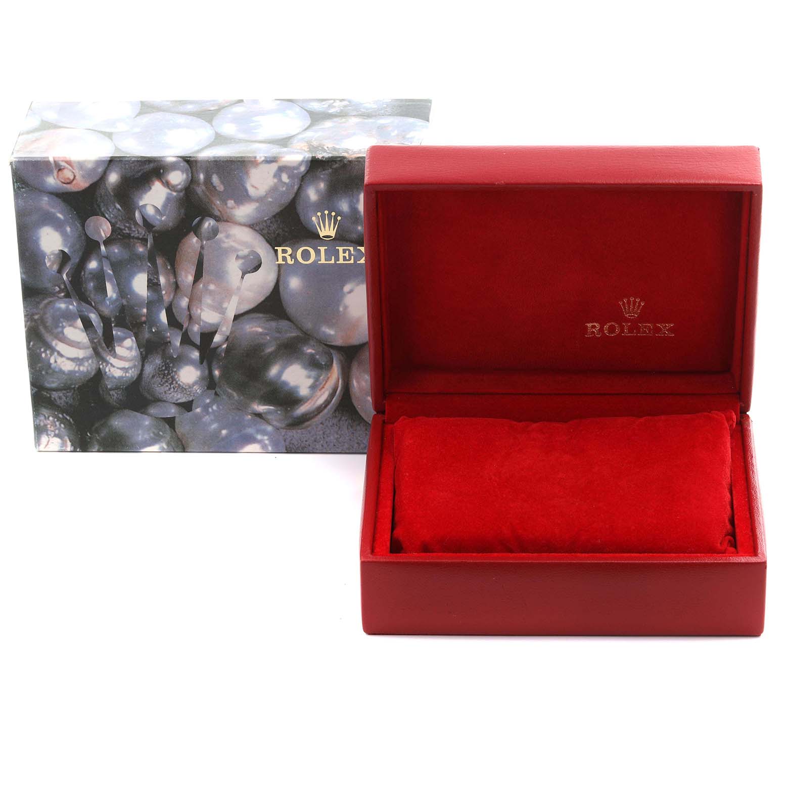 The image shows a closed presentation box and packaging for a Rolex Datejust 69163 Women's Steel and Gold (two tone) White Dial 69163 Women's Steel and Gold (two tone) White Dial watch, featuring a red interior.