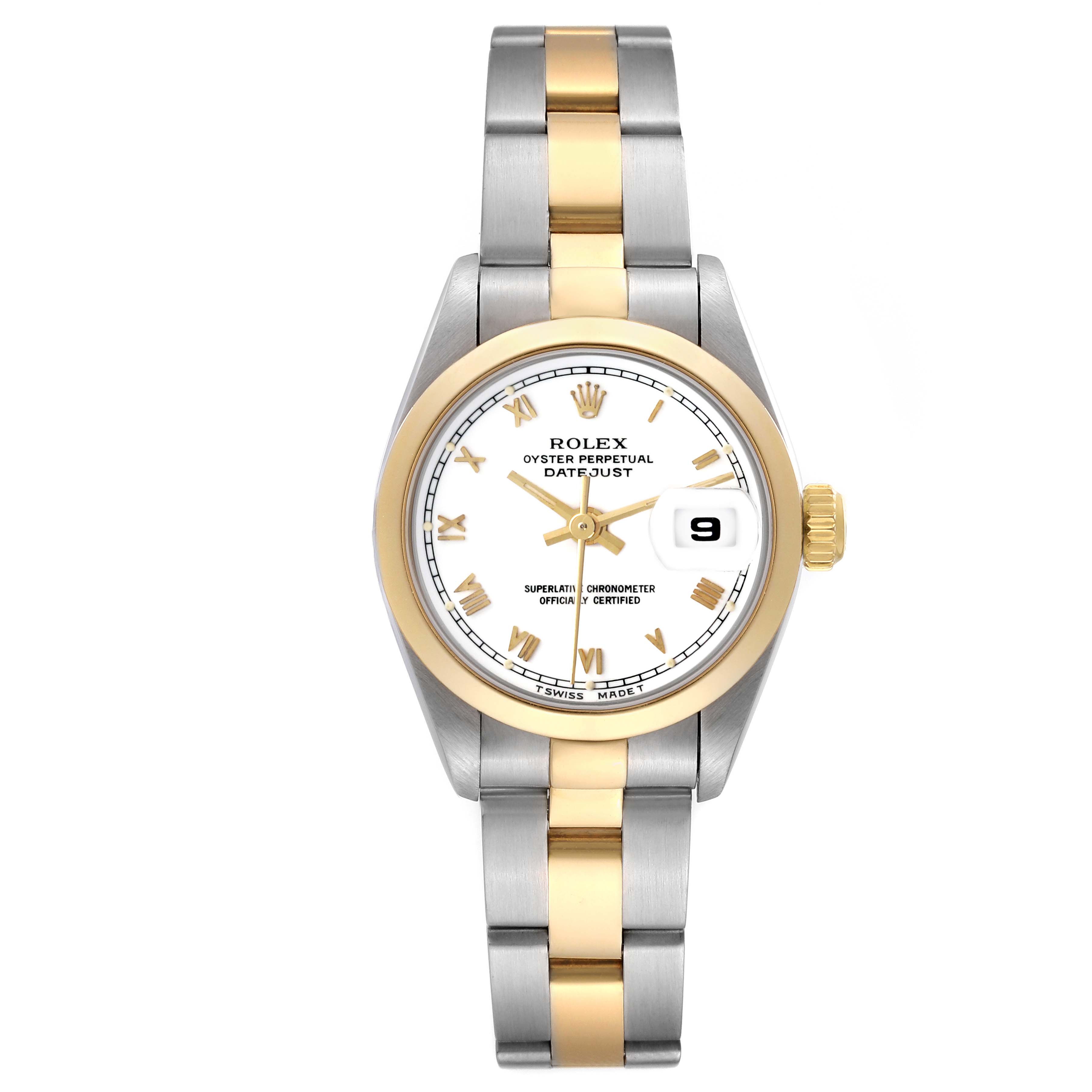 The Rolex Datejust 69163 Women's Steel and Gold (two tone) White Dial 69163 Women's Steel and Gold (two tone) White Dial is shown from a front angle, displaying the dial, bezel, and bracelet.