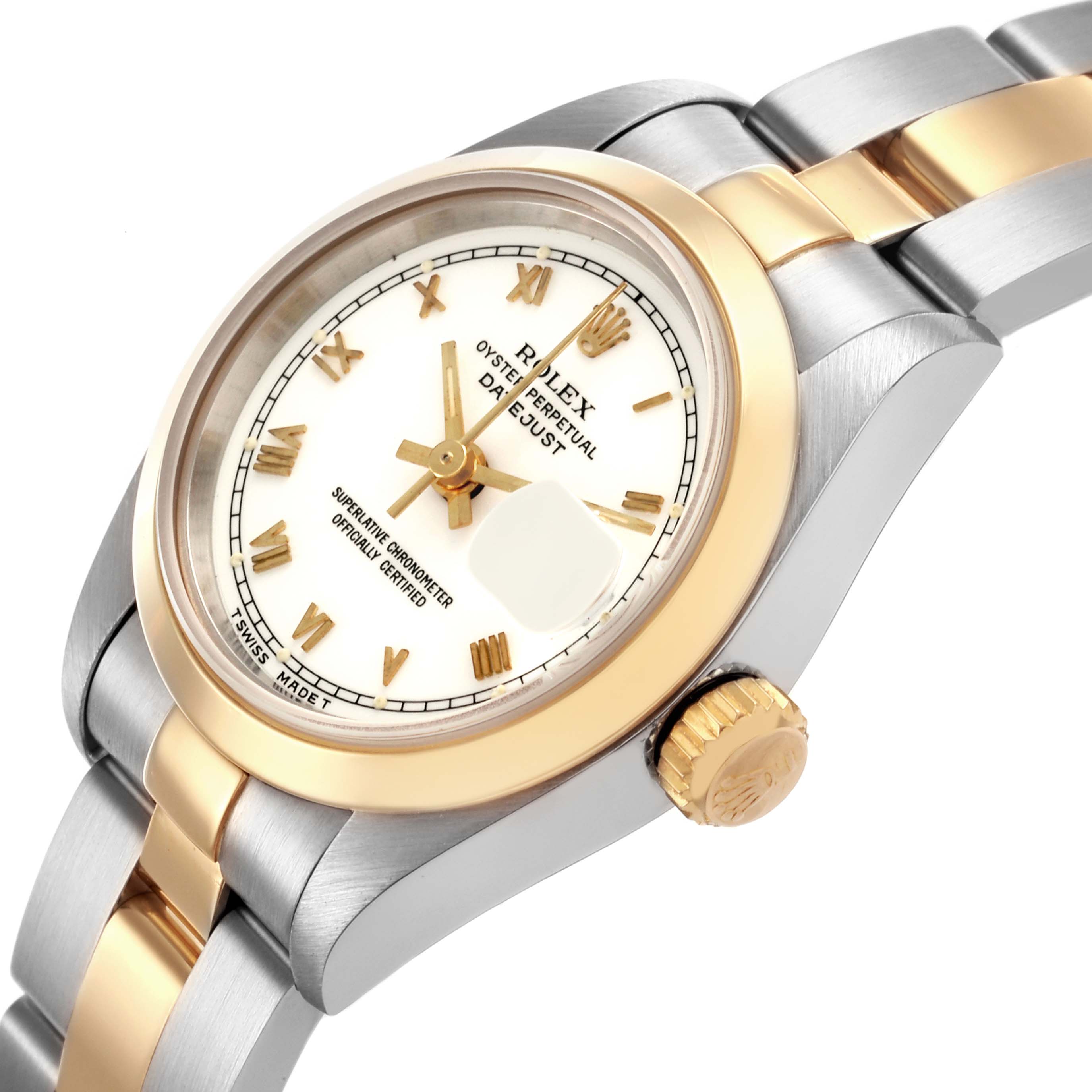 The Rolex Datejust 69163 Women's Steel and Gold (two tone) White Dial 69163 Women's Steel and Gold (two tone) White Dial watch is shown at an angle highlighting the dial, bezel, crown, and part of the bracelet.