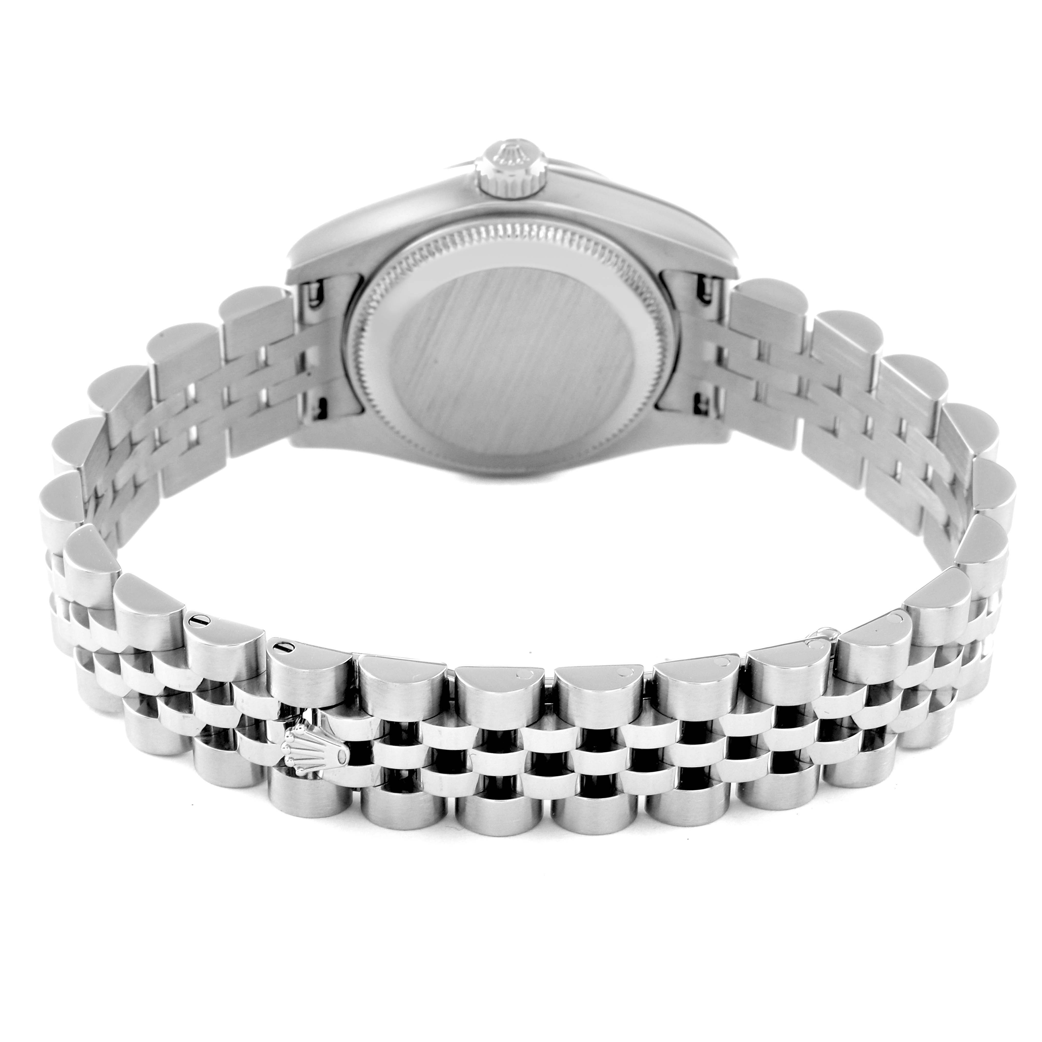 This image shows the back view of a Rolex Datejust 179174 Women's Stainless Steel Black Dial 179174 Women's Stainless Steel Black Dial watch, highlighting the case back and Jubilee bracelet.