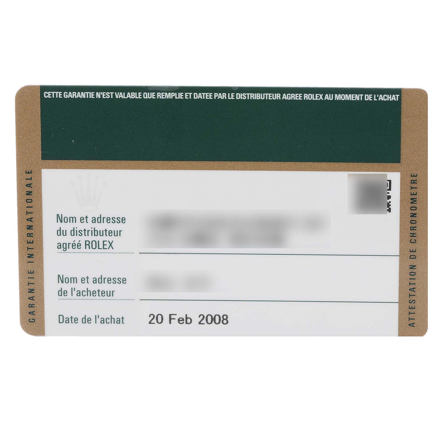 The image shows a warranty card for a Rolex Datejust 179174 Women's Stainless Steel Black Dial 179174 Women's Stainless Steel Black Dial watch, displaying purchase details and dealer information.