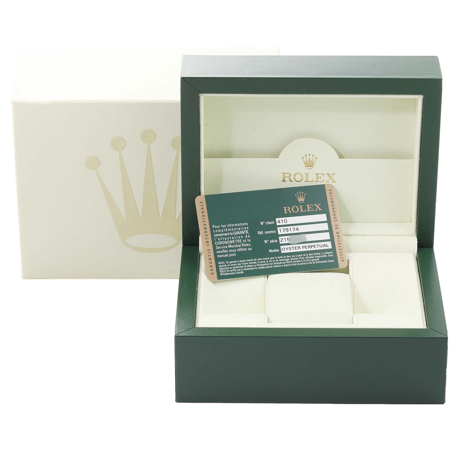 The image shows the box and certification card for a Rolex Datejust 179174 Women's Stainless Steel Black Dial 179174 Women's Stainless Steel Black Dial watch.