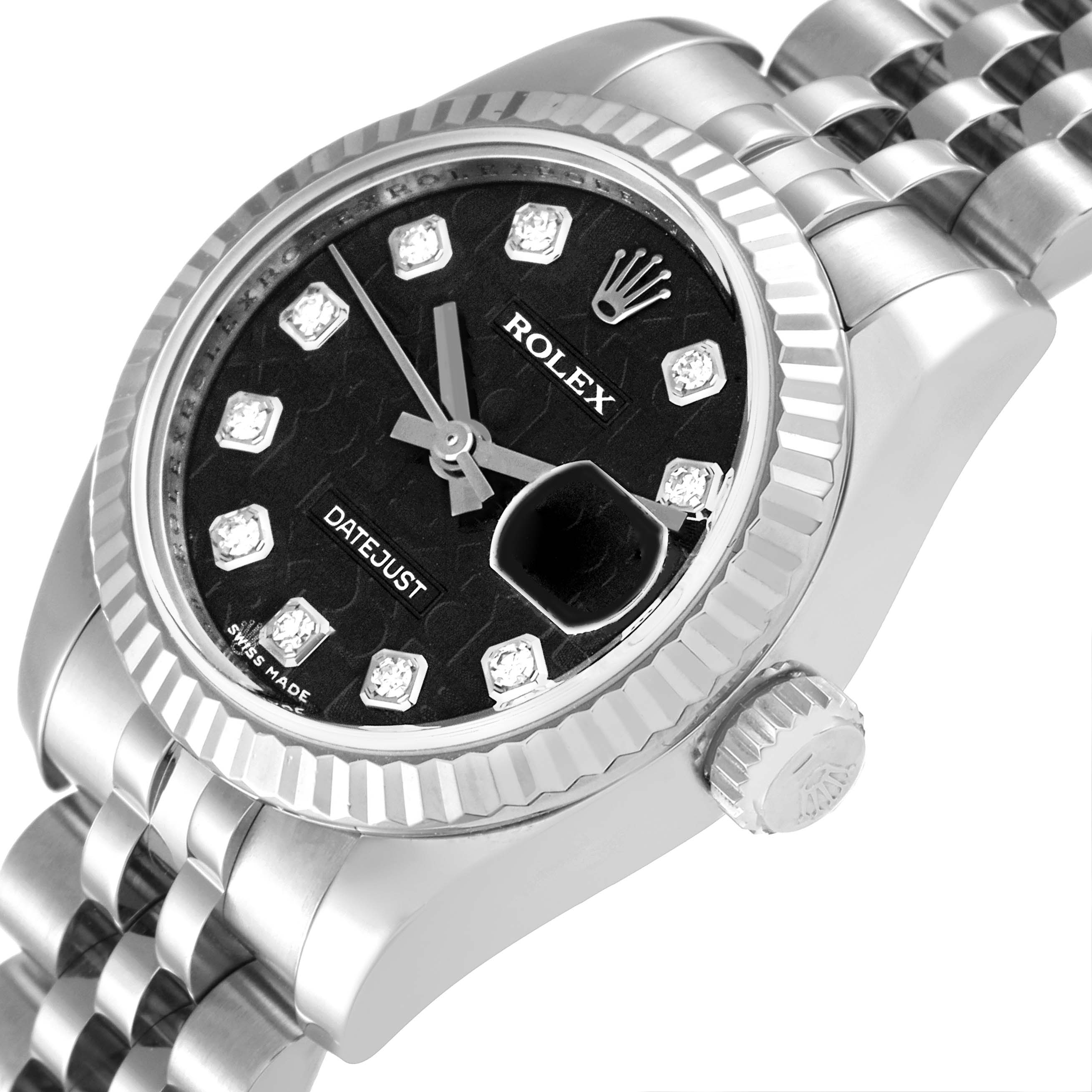 The image shows a close-up top angle of the Rolex Datejust 179174 Women's Stainless Steel Black Dial 179174 Women's Stainless Steel Black Dial watch, highlighting its black dial, diamond markers, bezel, crown, and bracelet.