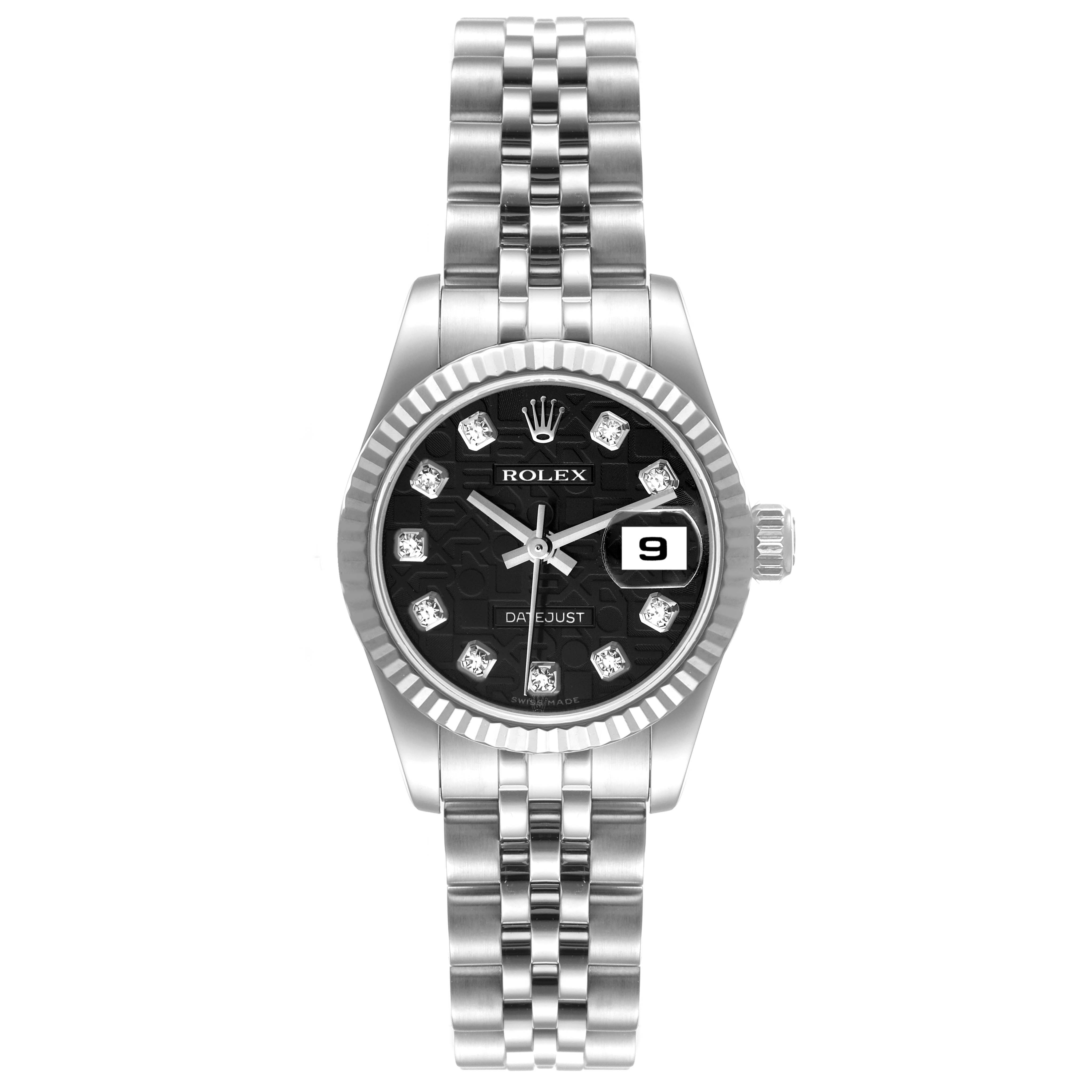 This image shows a front view of a Rolex Datejust 179174 Women's Stainless Steel Black Dial 179174 Women's Stainless Steel Black Dial watch, displaying the face, hands, date window, and part of the bracelet.