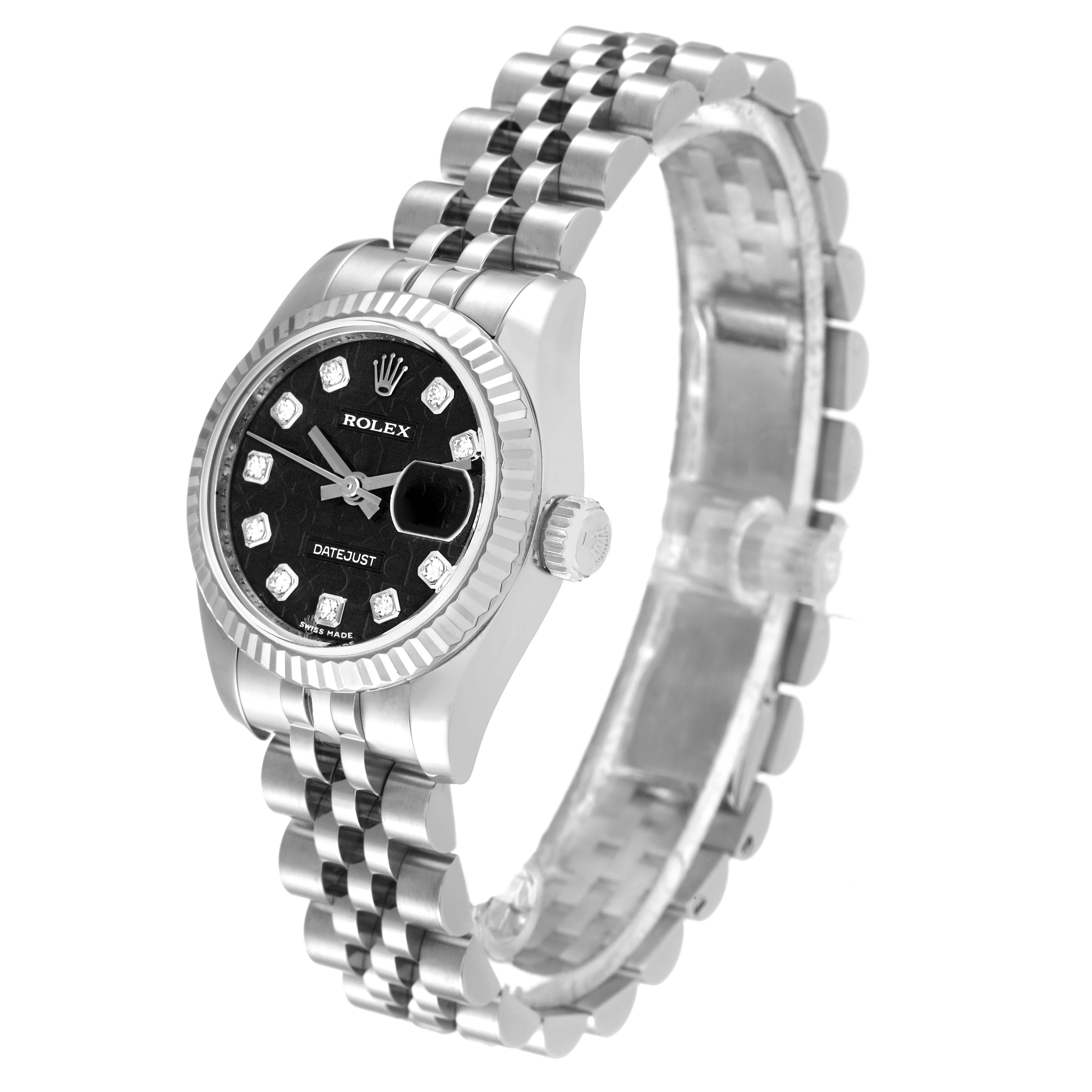 The image shows a Rolex Datejust 179174 Women's Stainless Steel Black Dial 179174 Women's Stainless Steel Black Dial watch angled to display its black dial, diamond hour markers, bezel, crown, and jubilee bracelet.