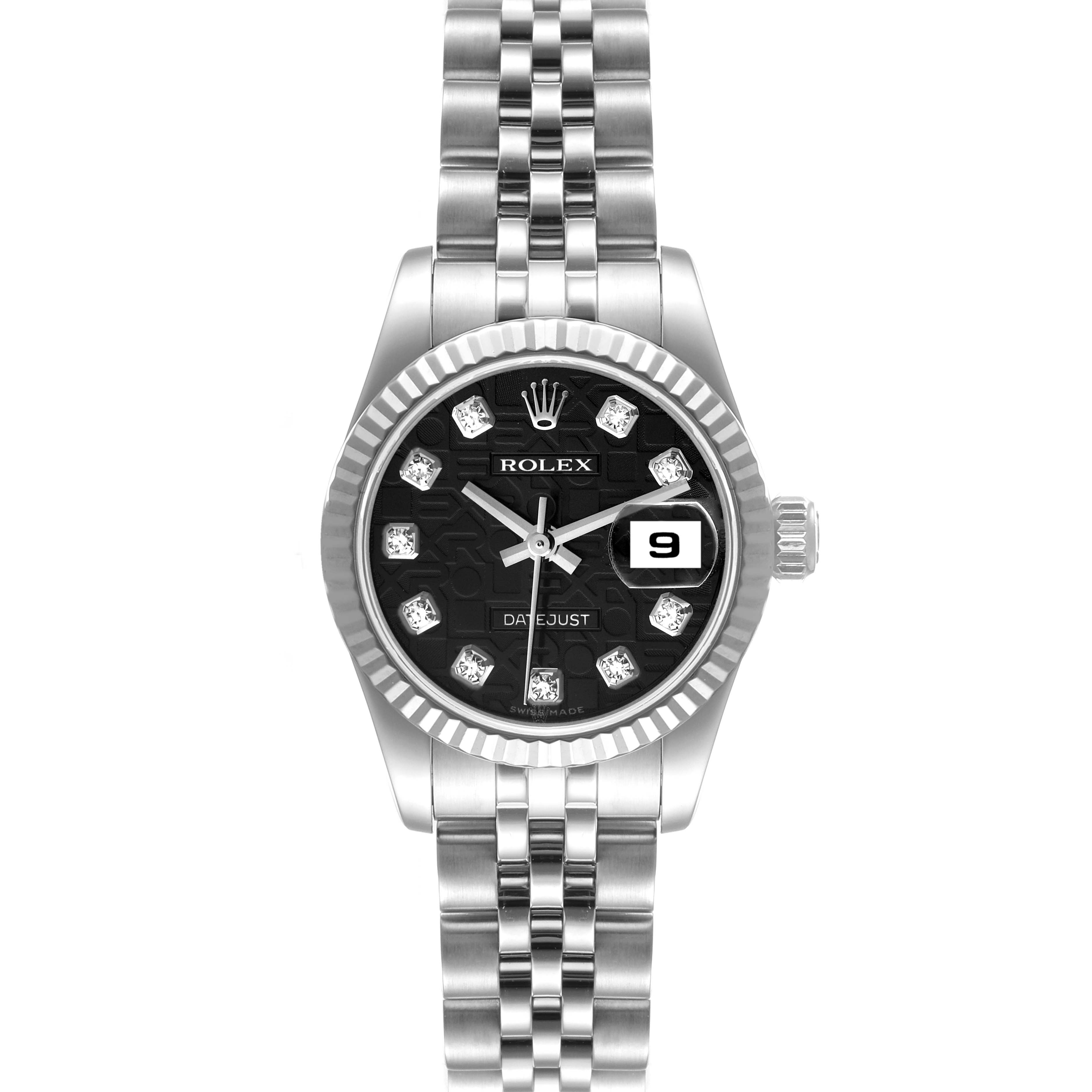 This is a front view of a Rolex Datejust 179174 Women's Stainless Steel Black Dial 179174 Women's Stainless Steel Black Dial watch showing the dial, bracelet, bezel, and date display.