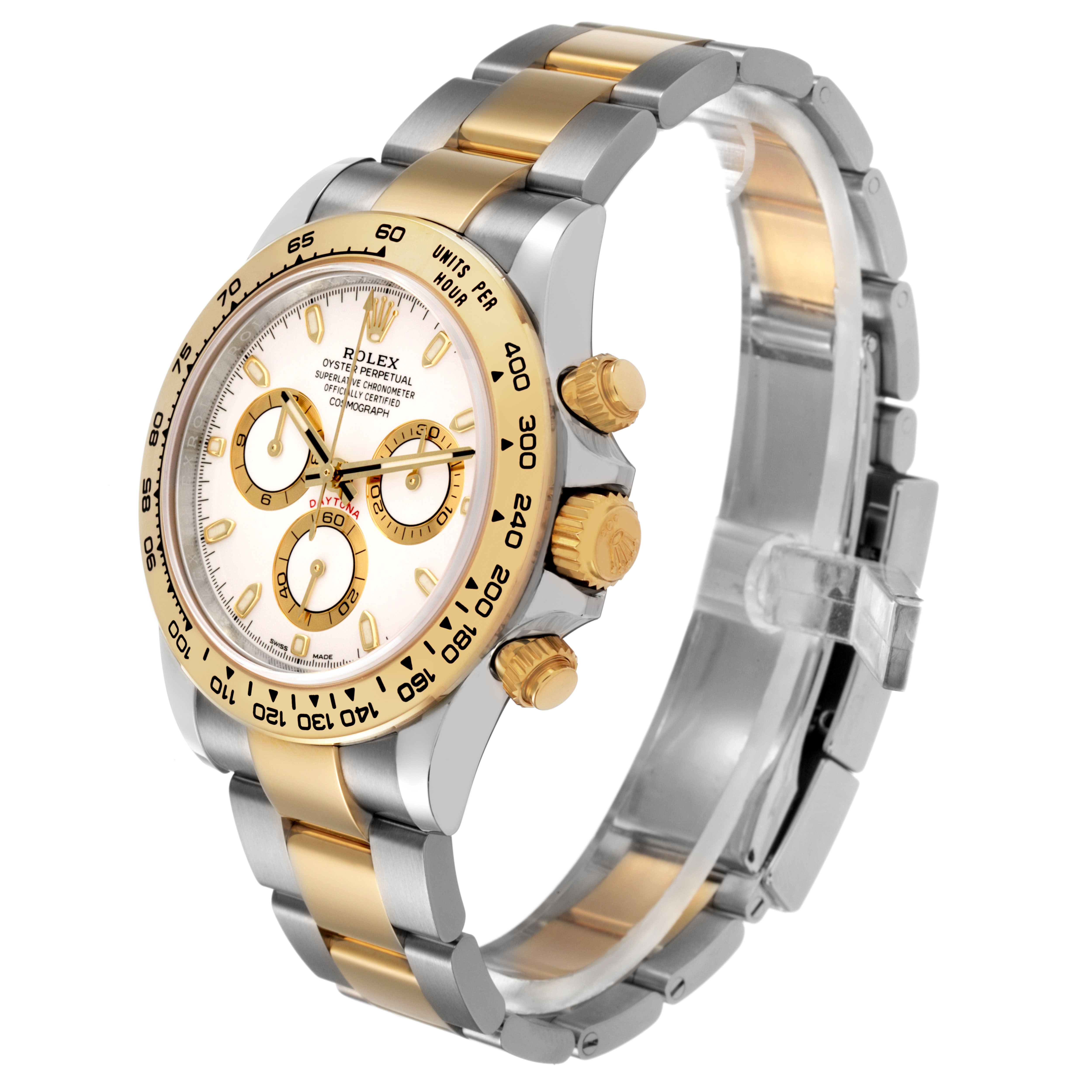 The Rolex Daytona 116503 Men's Steel and Gold (two tone) White Dial watch is shown at a three-quarter angle, highlighting the bezel, dial, pushers, and bracelet.
