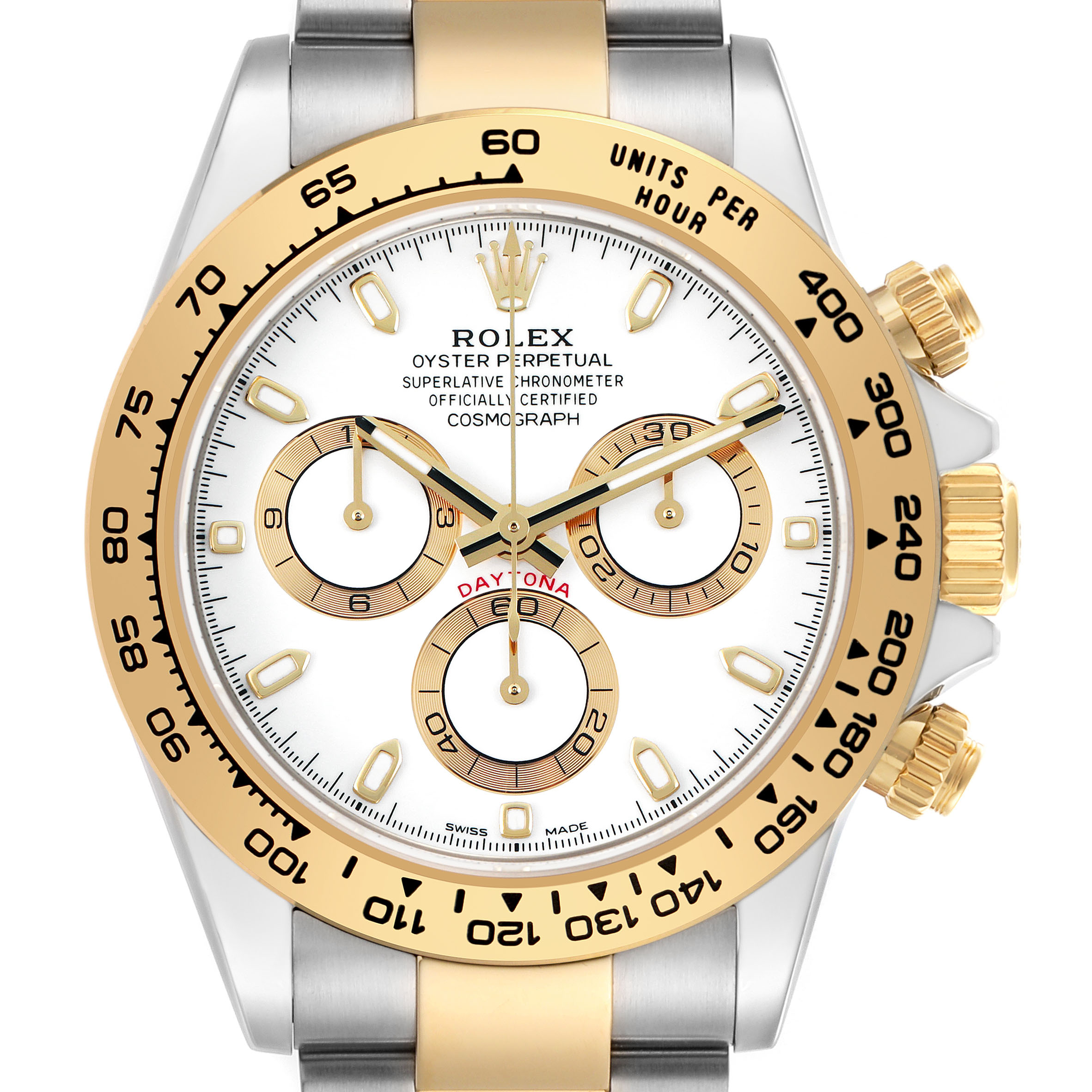 The Rolex Daytona 116503 Men's Steel and Gold (two tone) White Dial watch is shown from a front angle, highlighting the bezel, dial, and chronograph sub-dials.
