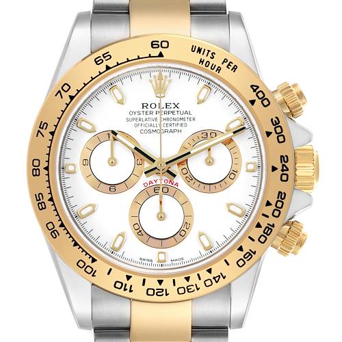 The Rolex Daytona 116503 Men's Steel and Gold (two tone) White Dial is shown from a front angle, highlighting its white dial, gold bezel, sub-dials, and chronograph pushers.