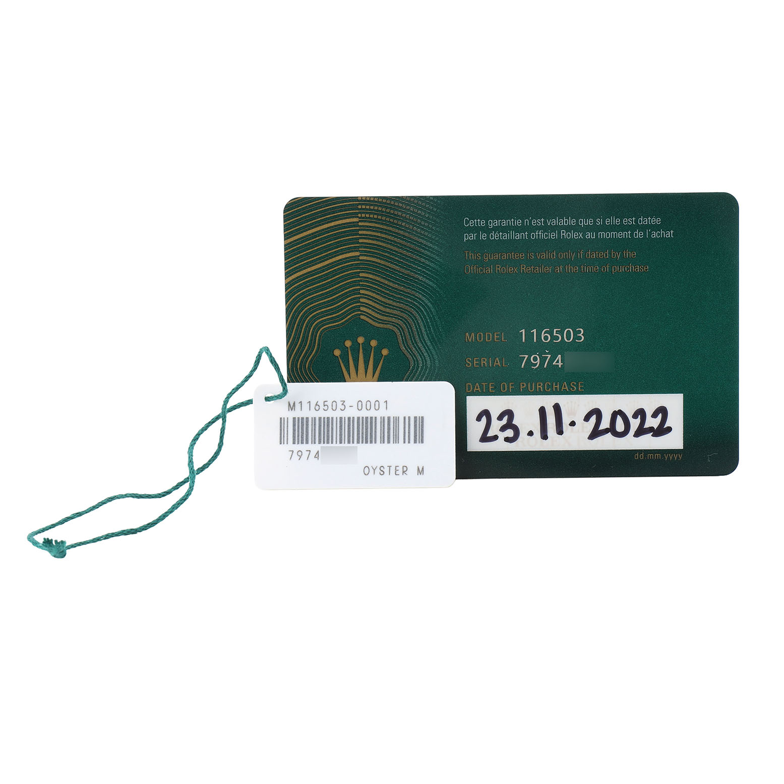 The image shows the warranty card and tag for a Rolex Daytona 116503 Men's Steel and Gold (two tone) White Dial model.