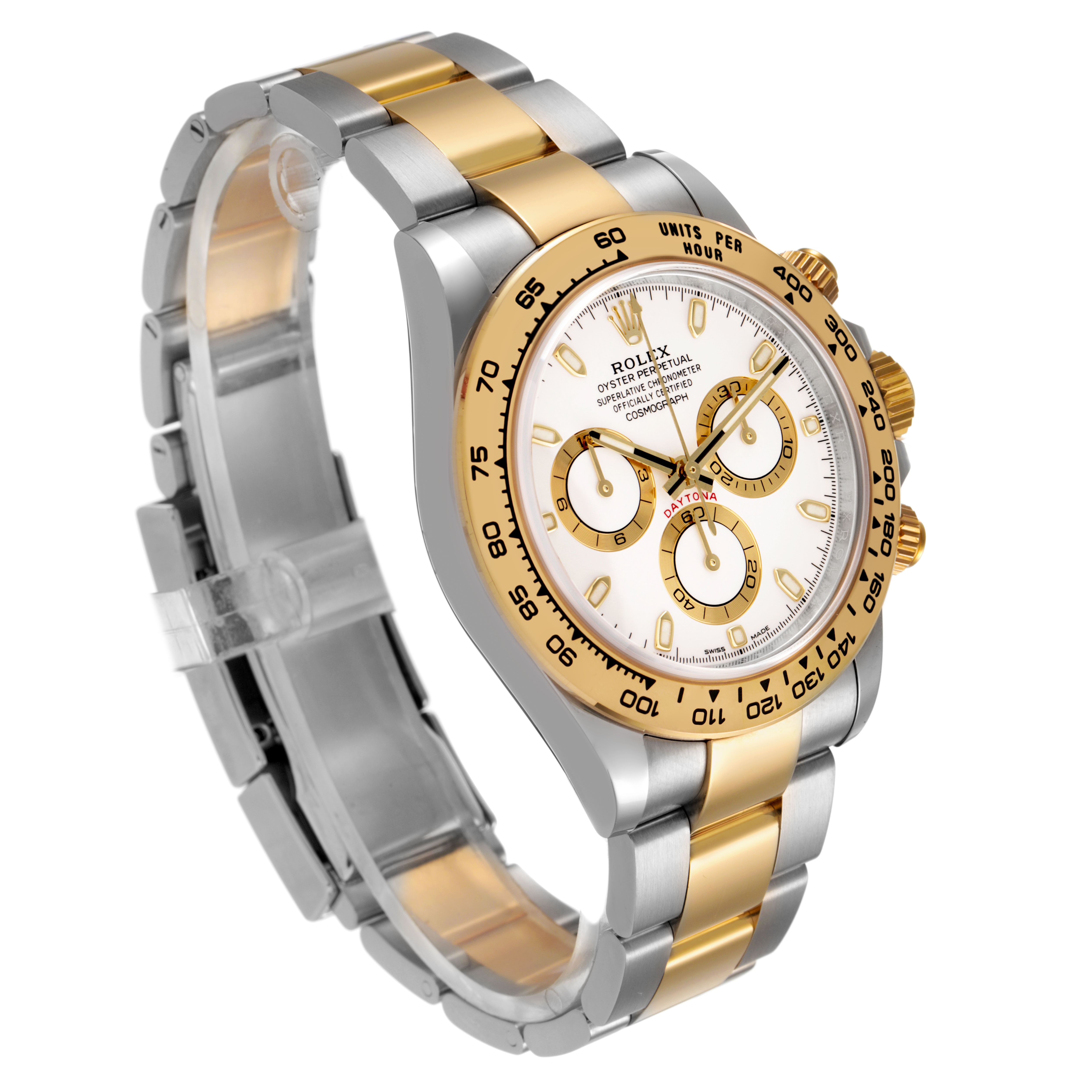 The Rolex Daytona 116503 Men's Steel and Gold (two tone) White Dial watch is viewed at an angle showing the face, bezel, bracelet, and side pushers.