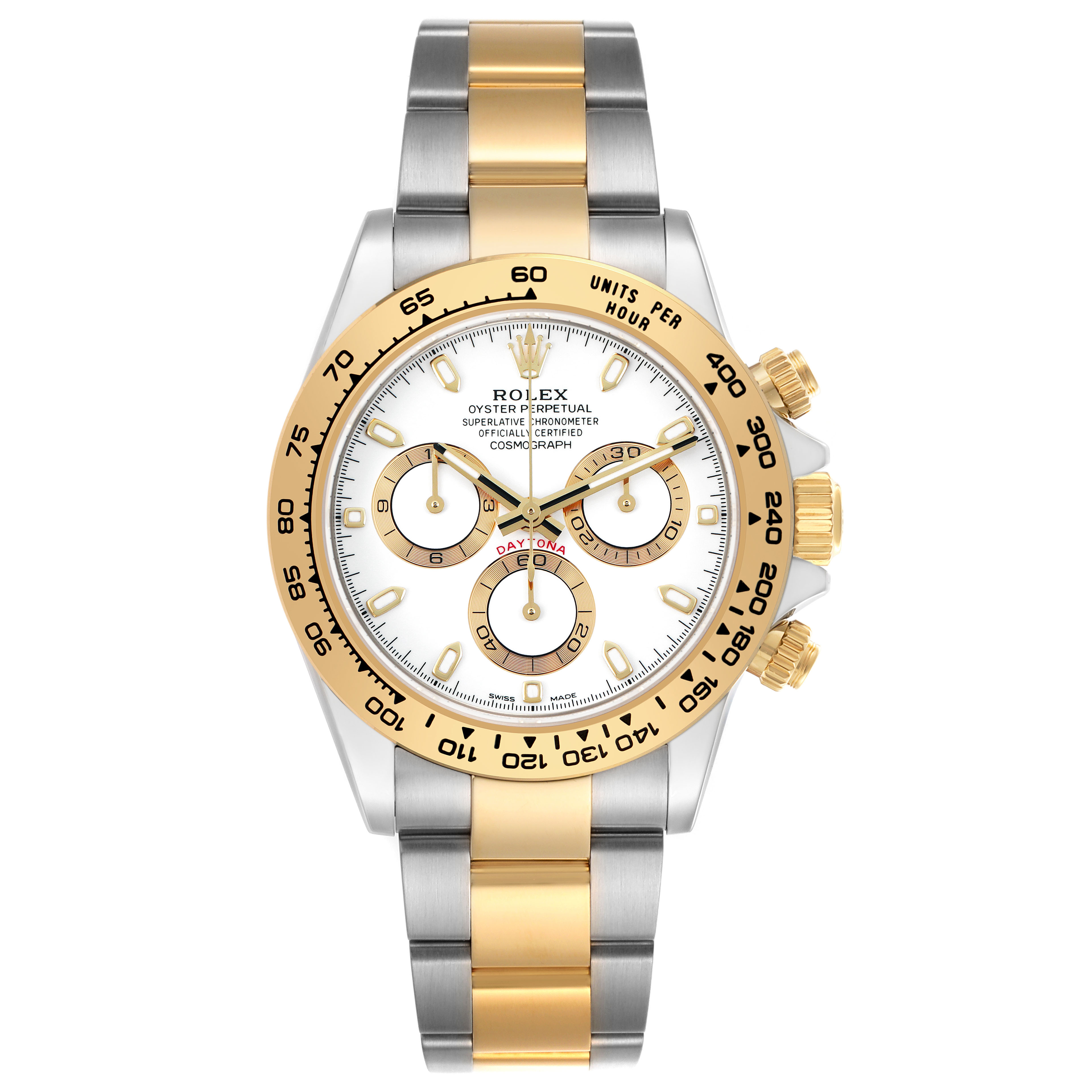 The Rolex Daytona 116503 Men's Steel and Gold (two tone) White Dial is shown from a front angle, displaying the full face, bezel, and two-tone bracelet.
