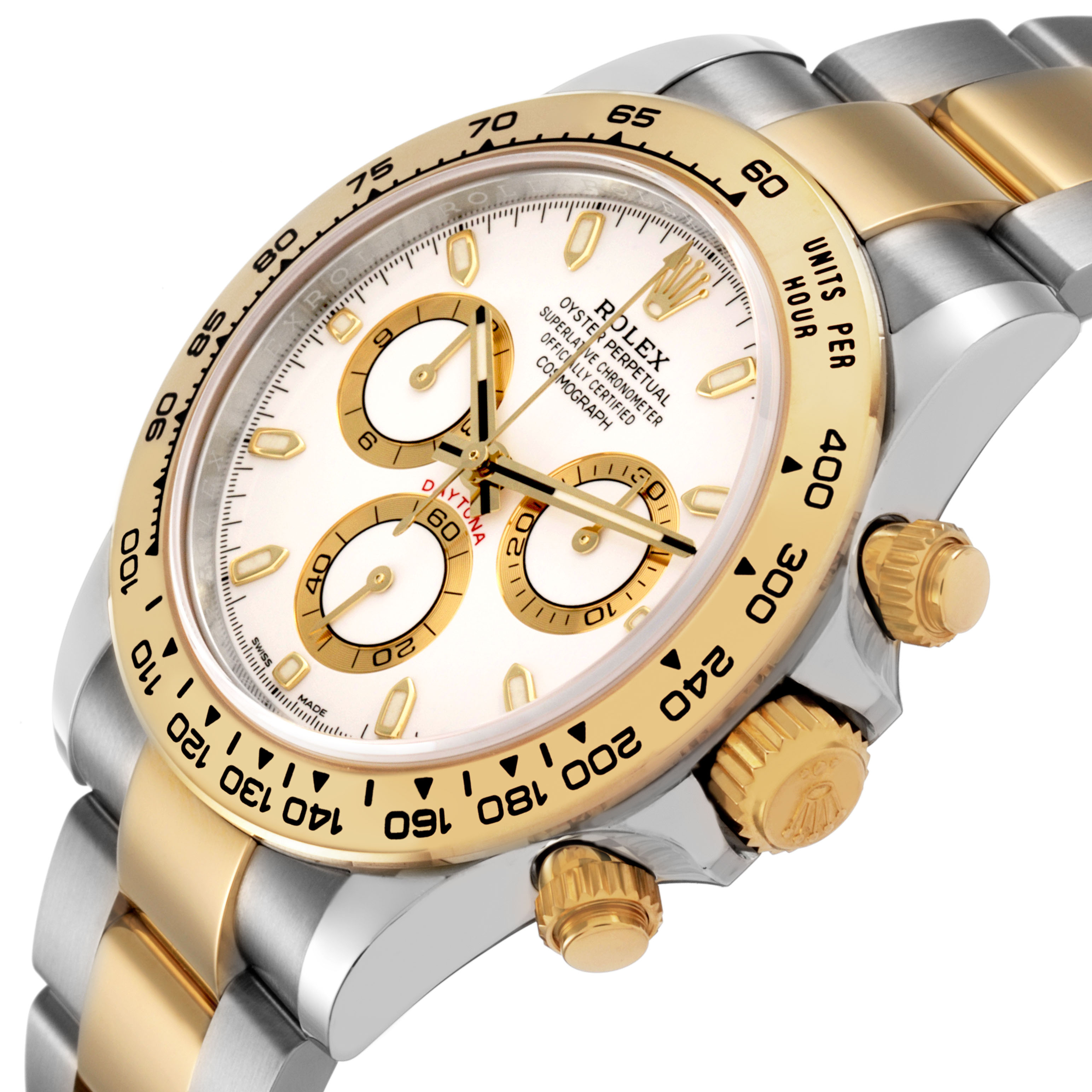 The Rolex Daytona 116503 Men's Steel and Gold (two tone) White Dial watch is shown at an angle highlighting the bezel, dial, crown, and part of the bracelet.
