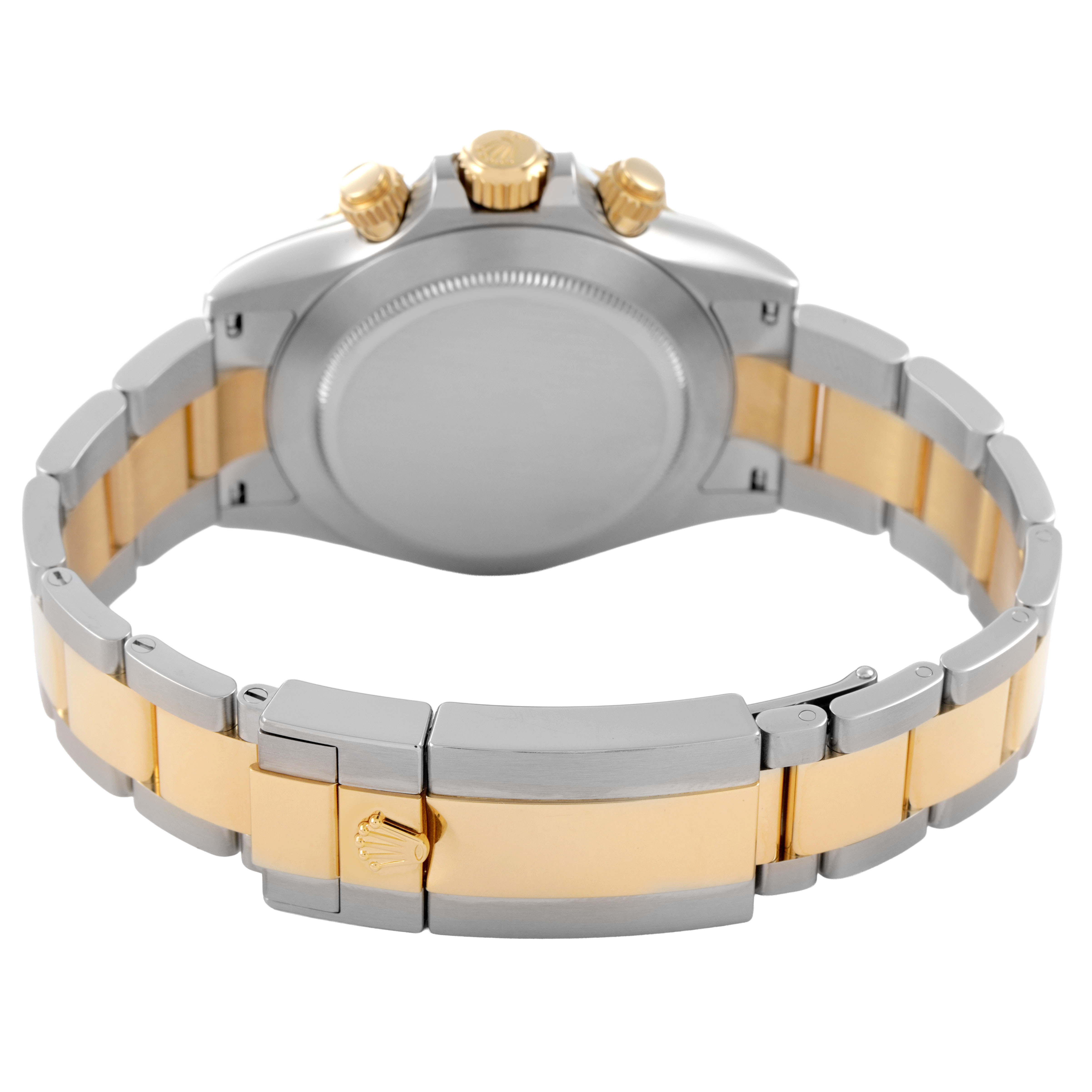 The Rolex Daytona 116503 Men's Steel and Gold (two tone) White Dial watch is shown from the back, displaying the bracelet and clasp with the case back and crown side visible.