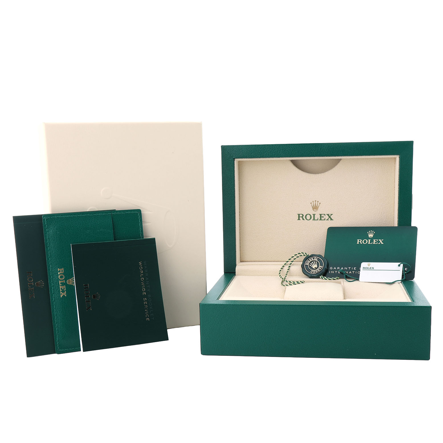 The image shows the packaging and accessories for a Rolex Daytona 116503 Men's Steel and Gold (two tone) White Dial, including the box, manuals, and warranty card.