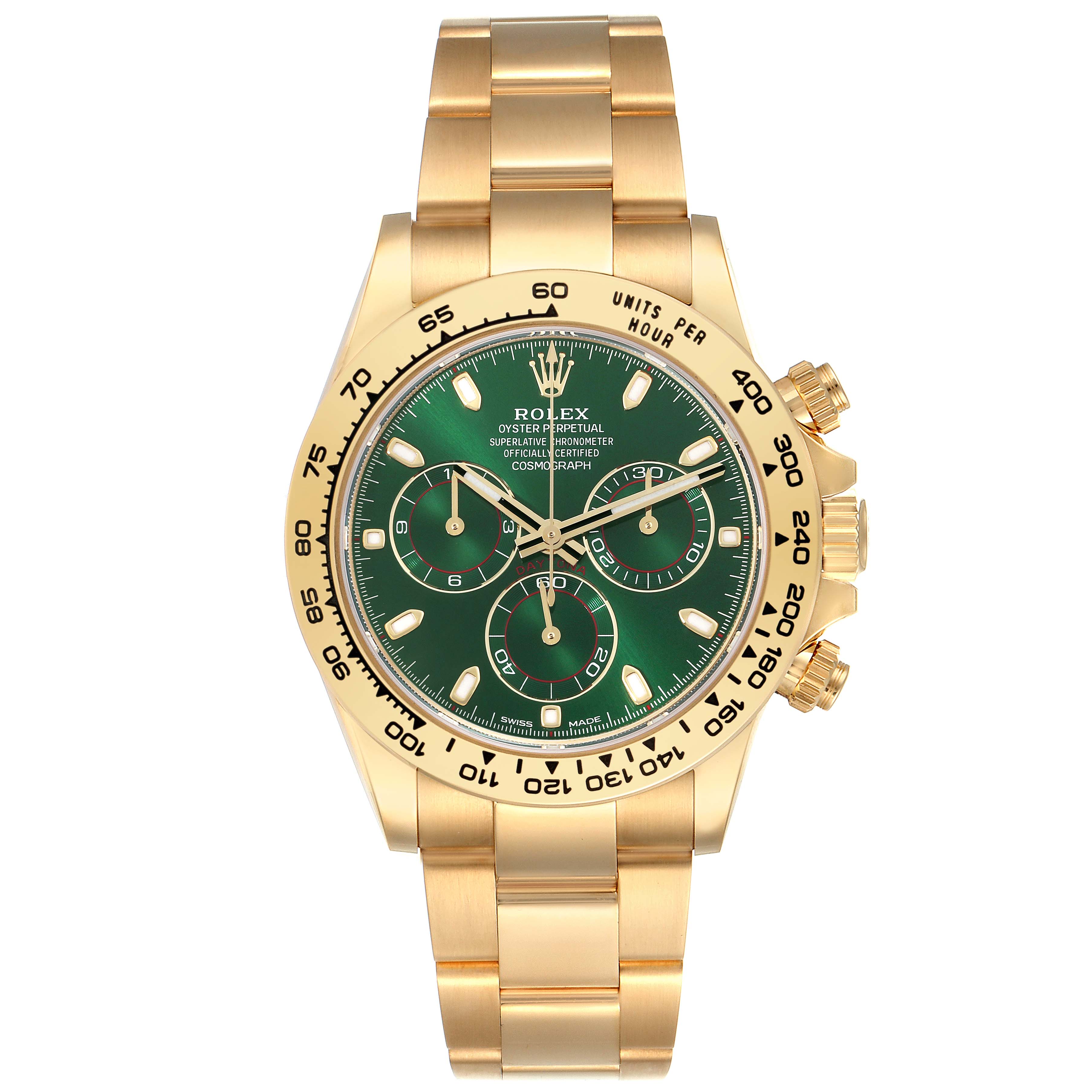 The image shows a front view of a Rolex Daytona 116508 Men
s Yellow Gold Green Dial 116508 Men
s Yellow Gold Green Dial watch, featuring a green dial, gold casing, and bracelet.