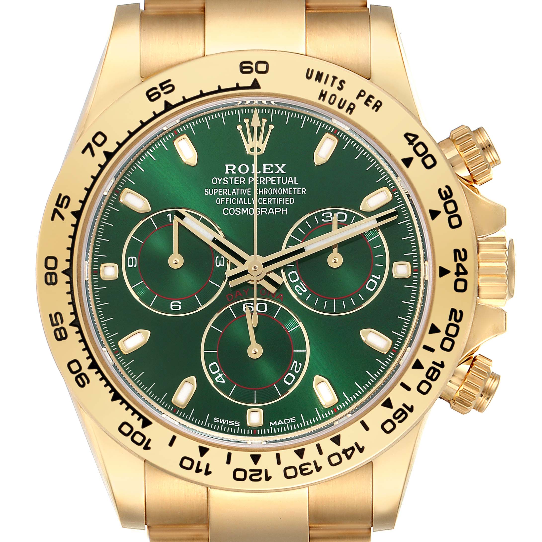 The Rolex Daytona 116508 Men
s Yellow Gold Green Dial 116508 Men
s Yellow Gold Green Dial watch is shown from a front angle, displaying the dial, bezel, crown, and pushers.