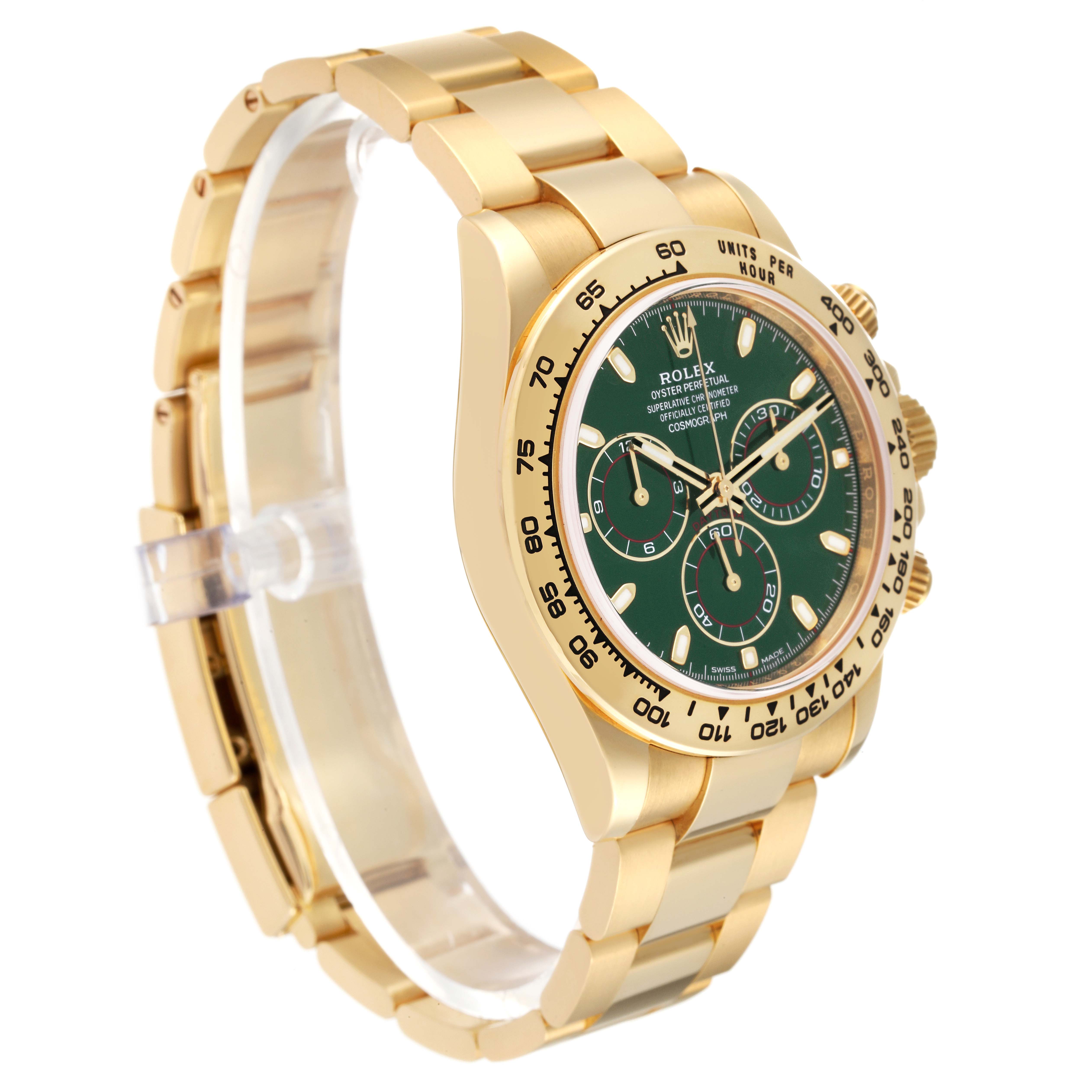 The image shows a side view of a Rolex Daytona 116508 Men
s Yellow Gold Green Dial 116508 Men
s Yellow Gold Green Dial watch, highlighting its gold bracelet and green dial.