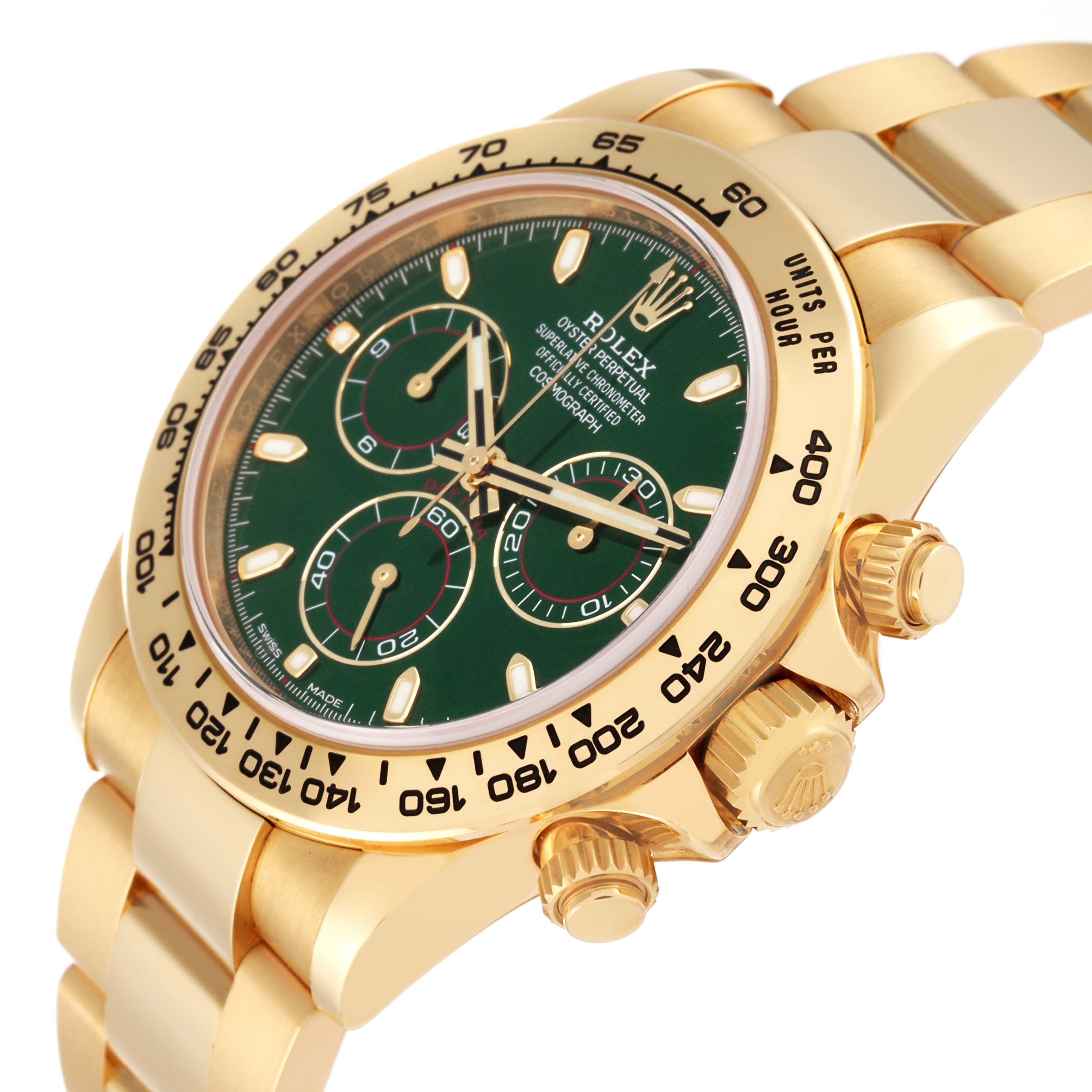 This image shows a close-up, angled view of a Rolex Daytona 116508 Men
s Yellow Gold Green Dial 116508 Men
s Yellow Gold Green Dial watch, highlighting the crown, bezel, and green dial with subdials.