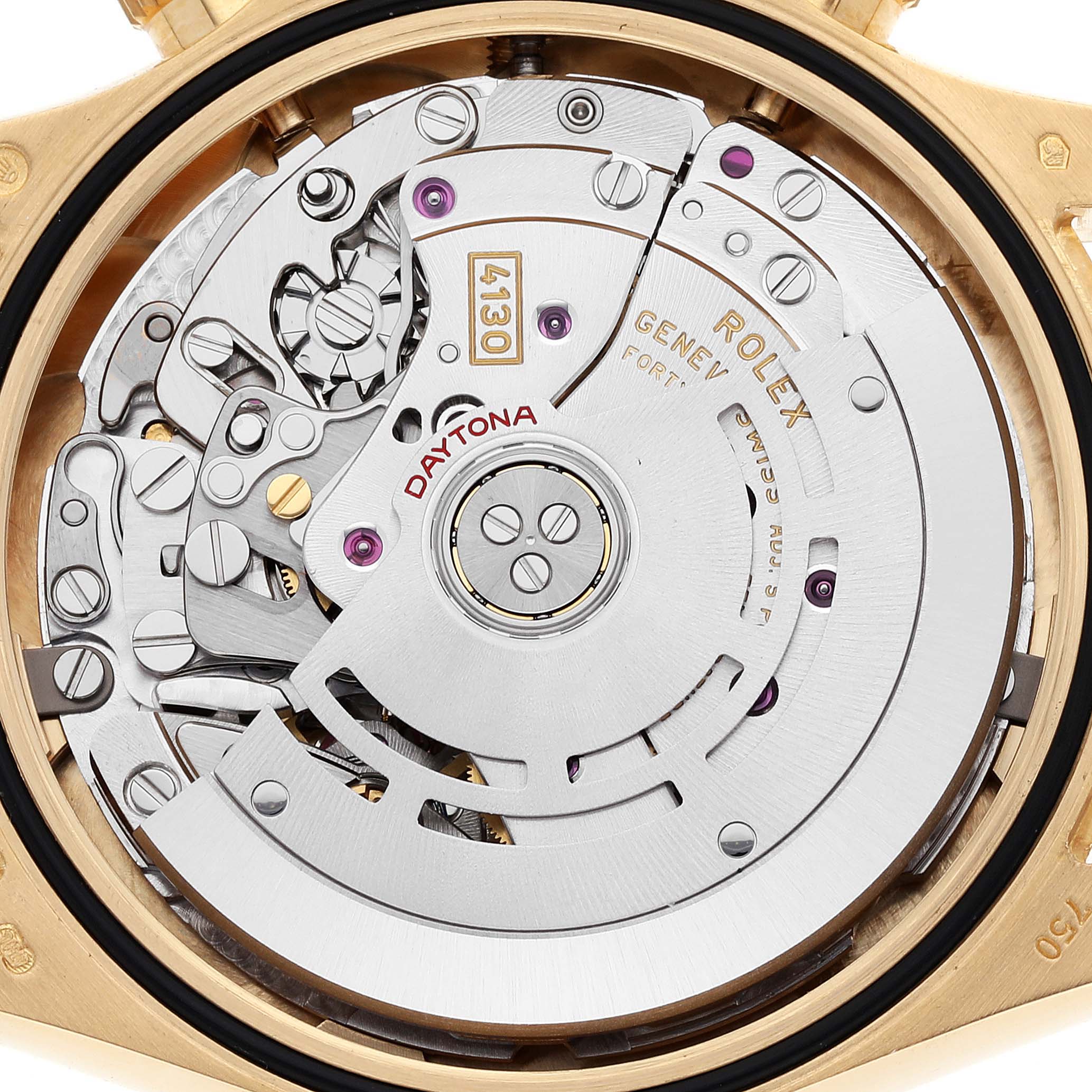 The image shows the intricate movement and internal mechanism of a Rolex Daytona 116508 Men
s Yellow Gold Green Dial 116508 Men
s Yellow Gold Green Dial watch from the back.