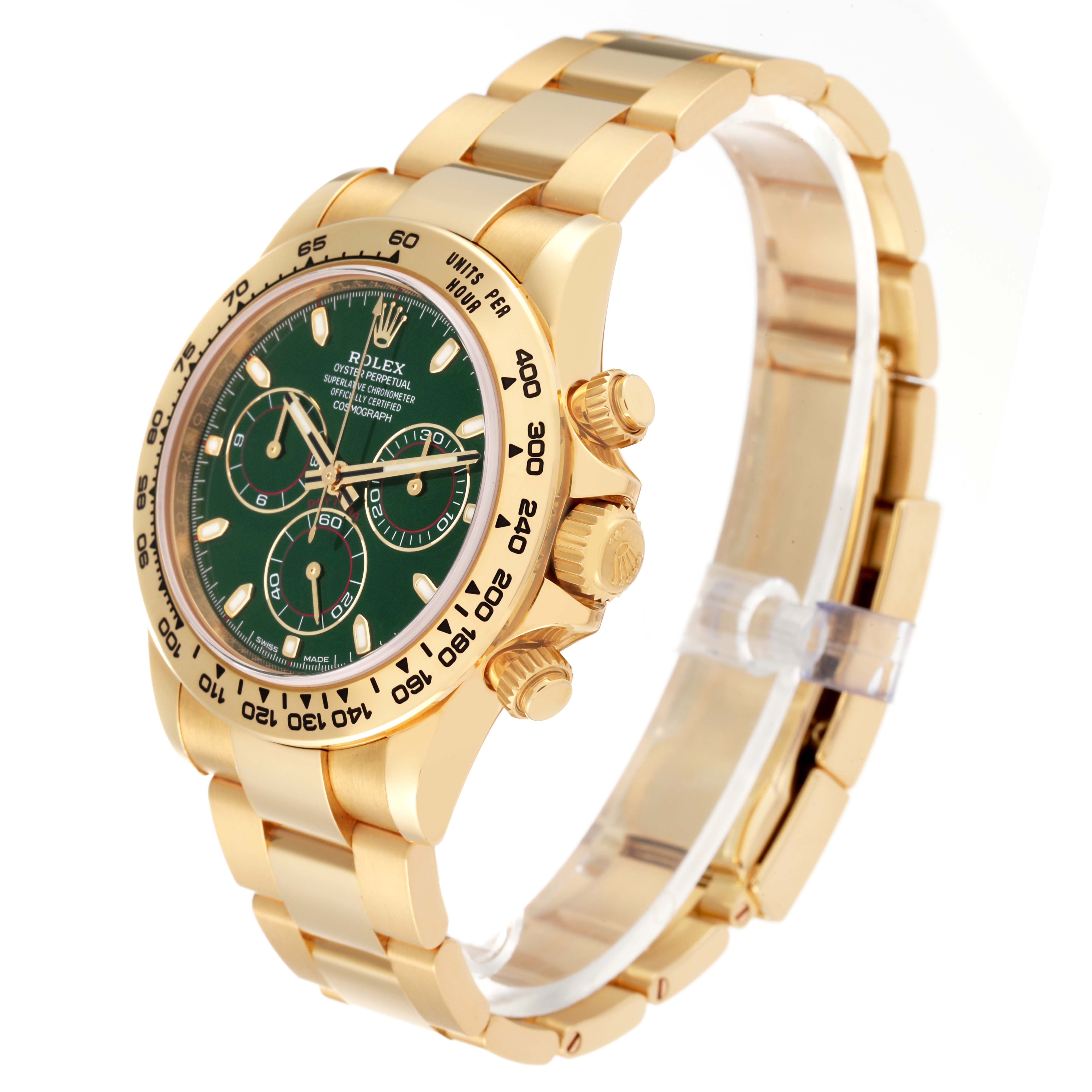 The image shows a Rolex Daytona 116508 Men
s Yellow Gold Green Dial 116508 Men
s Yellow Gold Green Dial model watch, featuring its gold case, green dial, and bracelet from an angled side view.