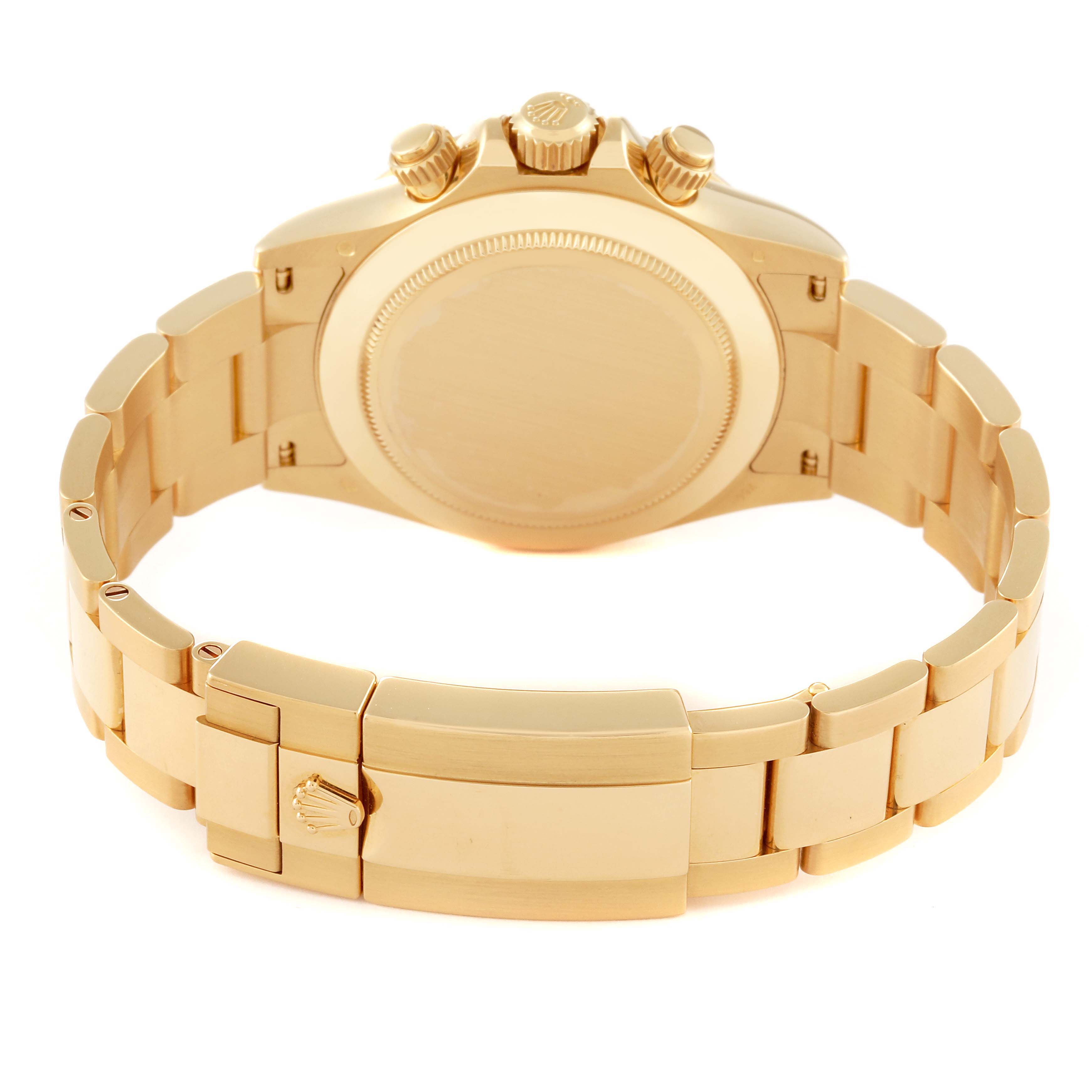 The image shows the back view and clasp of a gold Rolex Daytona 116508 Men
s Yellow Gold Green Dial 116508 Men
s Yellow Gold Green Dial watch.