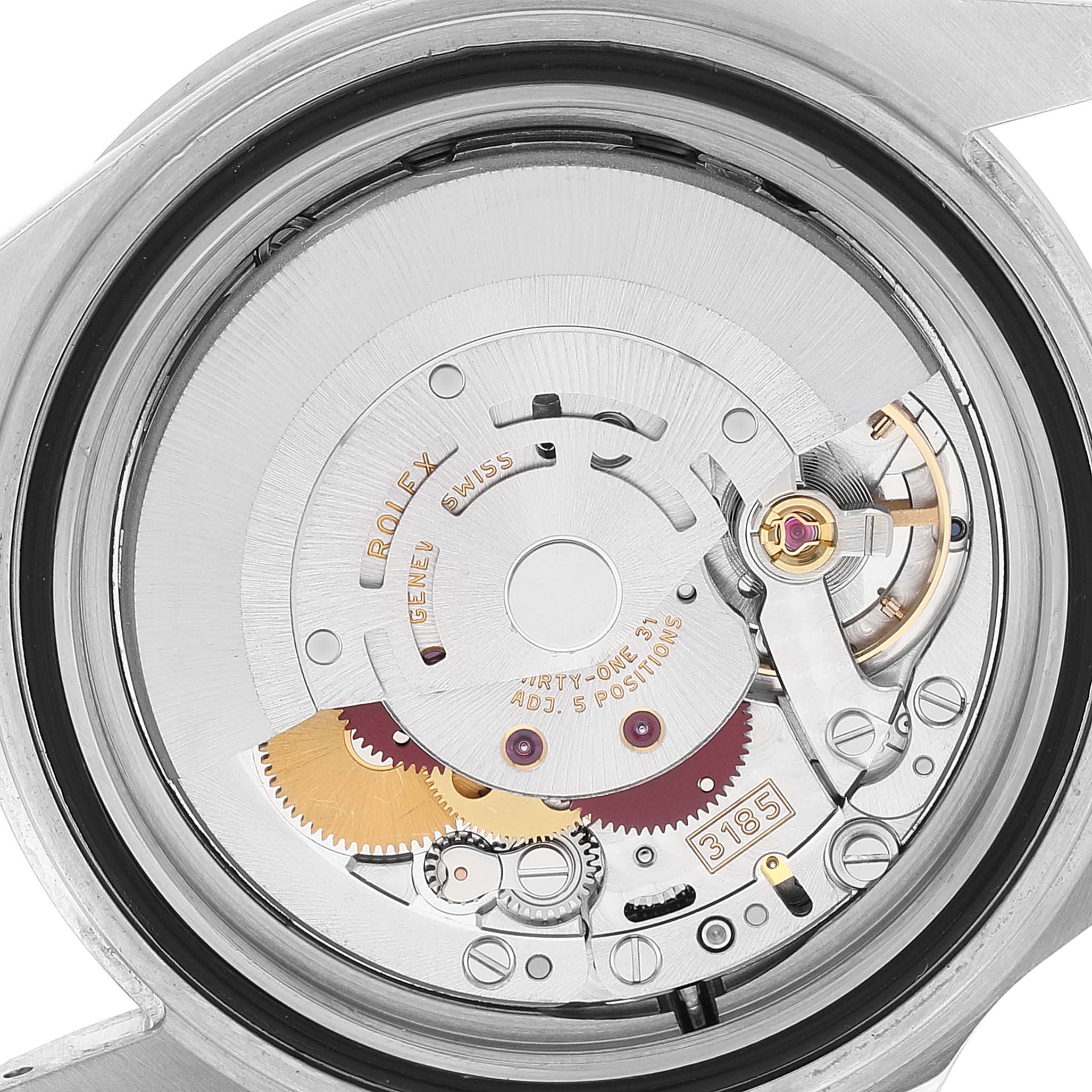 This image shows the inner mechanical movement of a Rolex Explorer 16570 Men
s Stainless Steel Black Dial 16570 Men
s Stainless Steel Black Dial watch from a close-up angle.