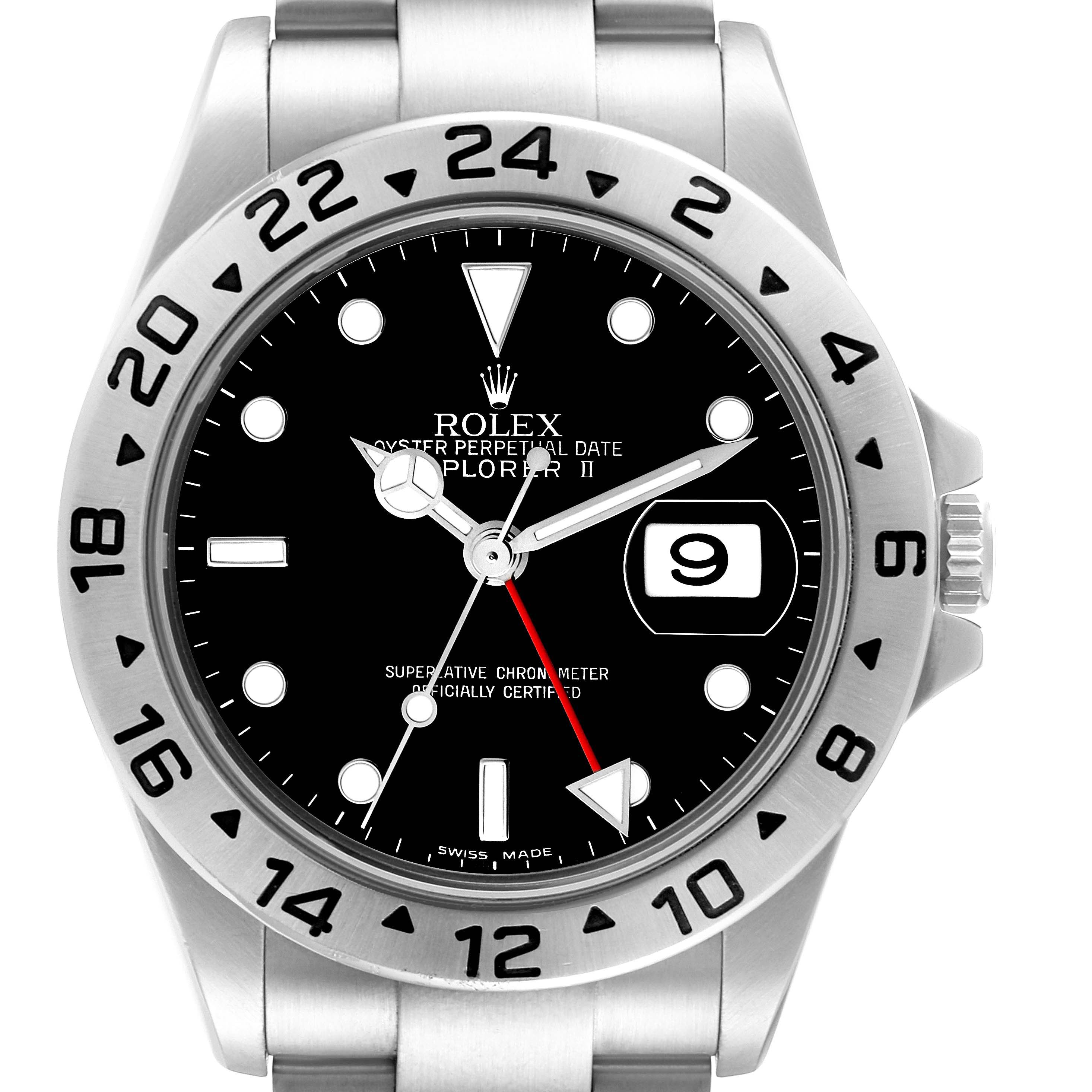 The image shows the front view of the Rolex Explorer 16570 Men
s Stainless Steel Black Dial 16570 Men
s Stainless Steel Black Dial watch, highlighting the dial, bezel, and date window.