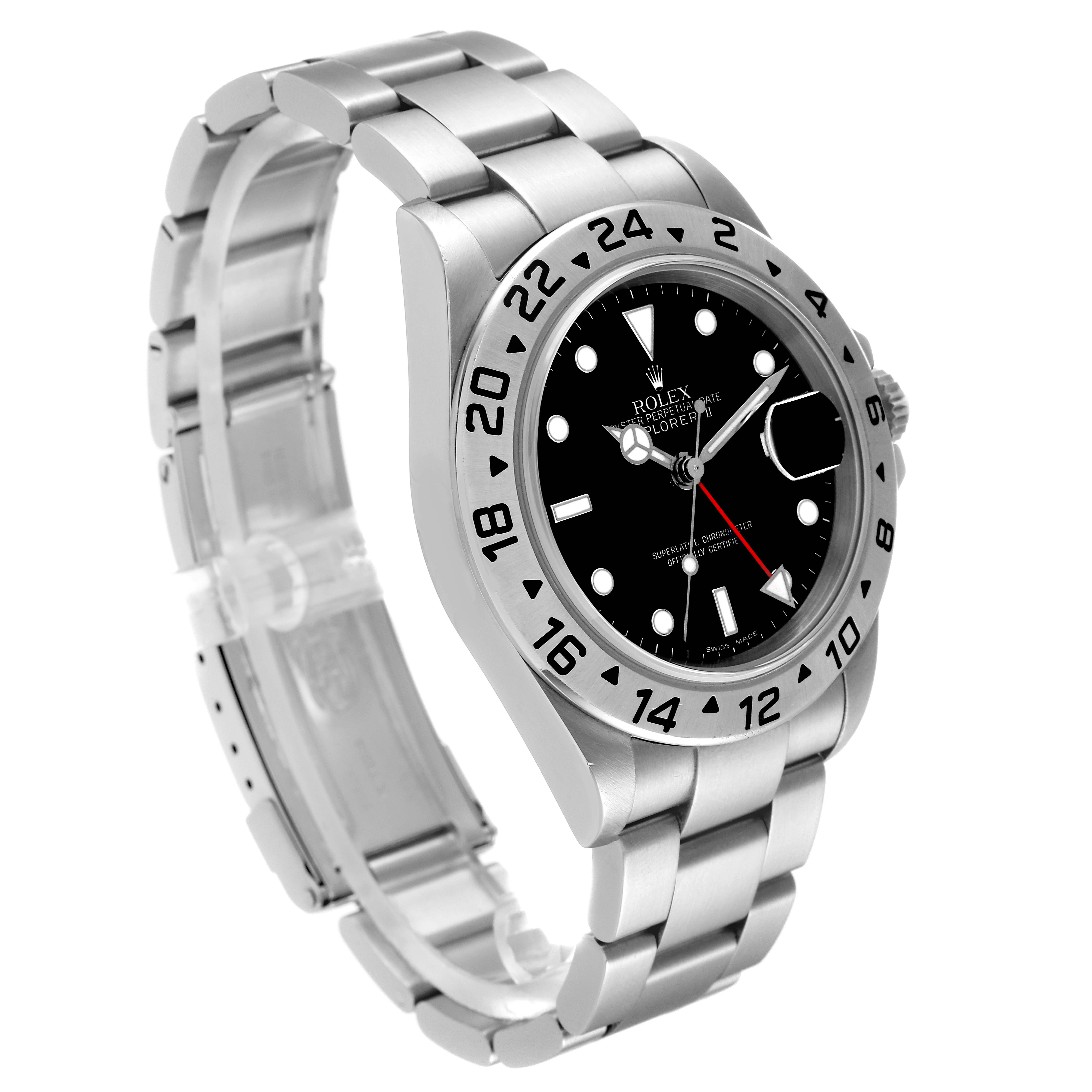 The image shows a side angle view of the Rolex Explorer 16570 Men
s Stainless Steel Black Dial 16570 Men
s Stainless Steel Black Dial watch, highlighting its face, bezel, and bracelet.