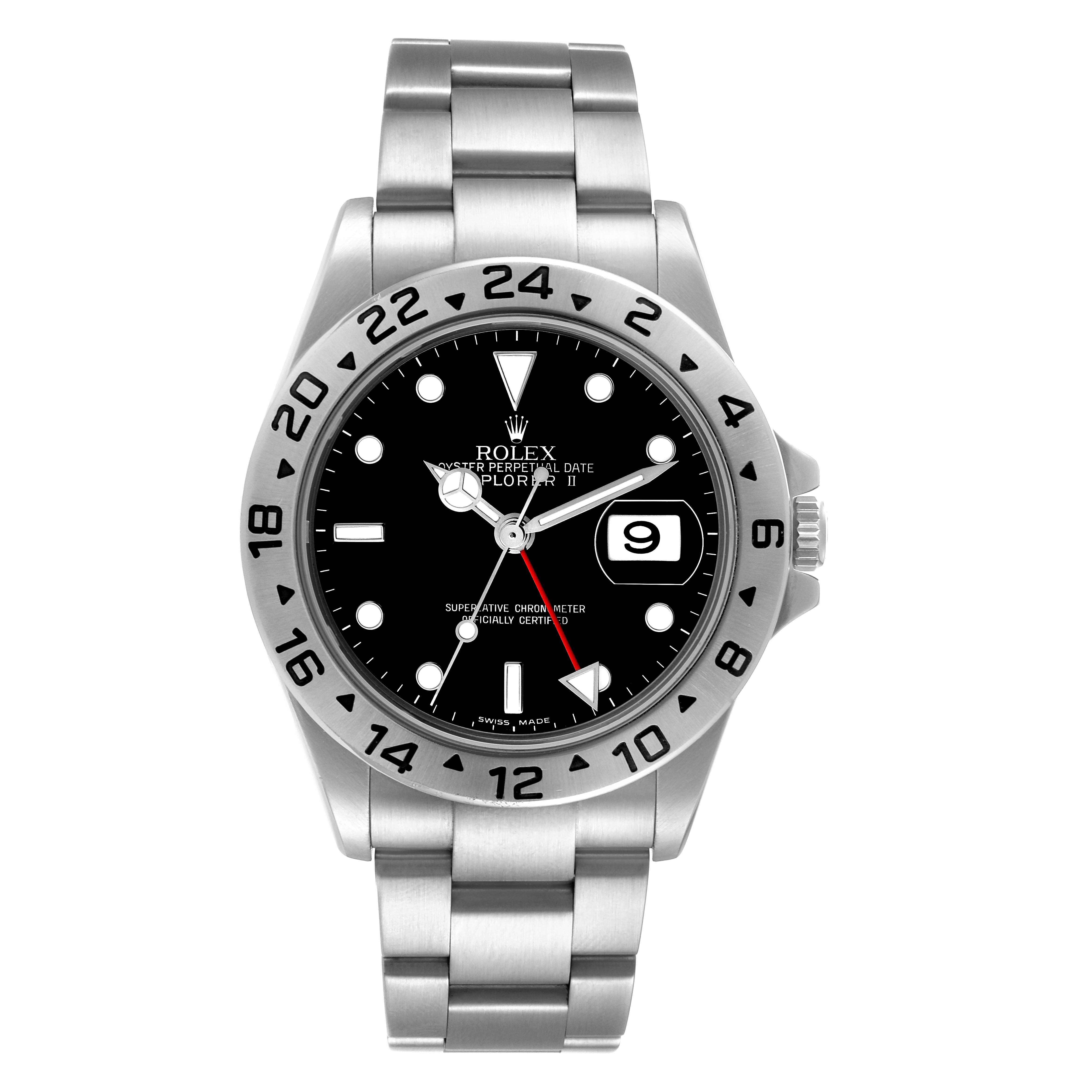 The image shows a front view of a Rolex Explorer 16570 Men
s Stainless Steel Black Dial 16570 Men
s Stainless Steel Black Dial watch, displaying the dial, bezel, case, crown, and part of the bracelet.