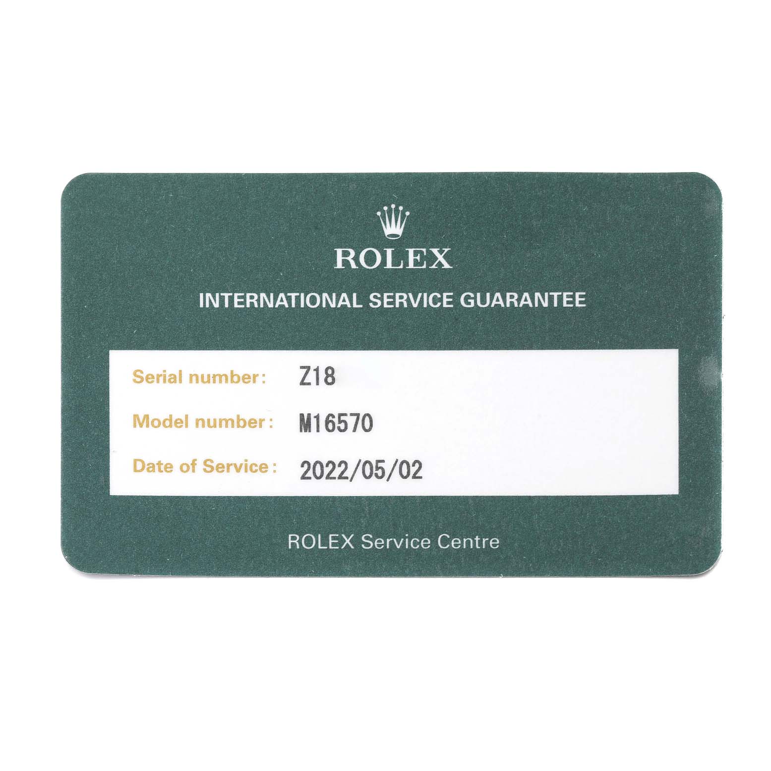 This image shows a Rolex International Service Guarantee card for the Explorer model, with details like serial number and service date.