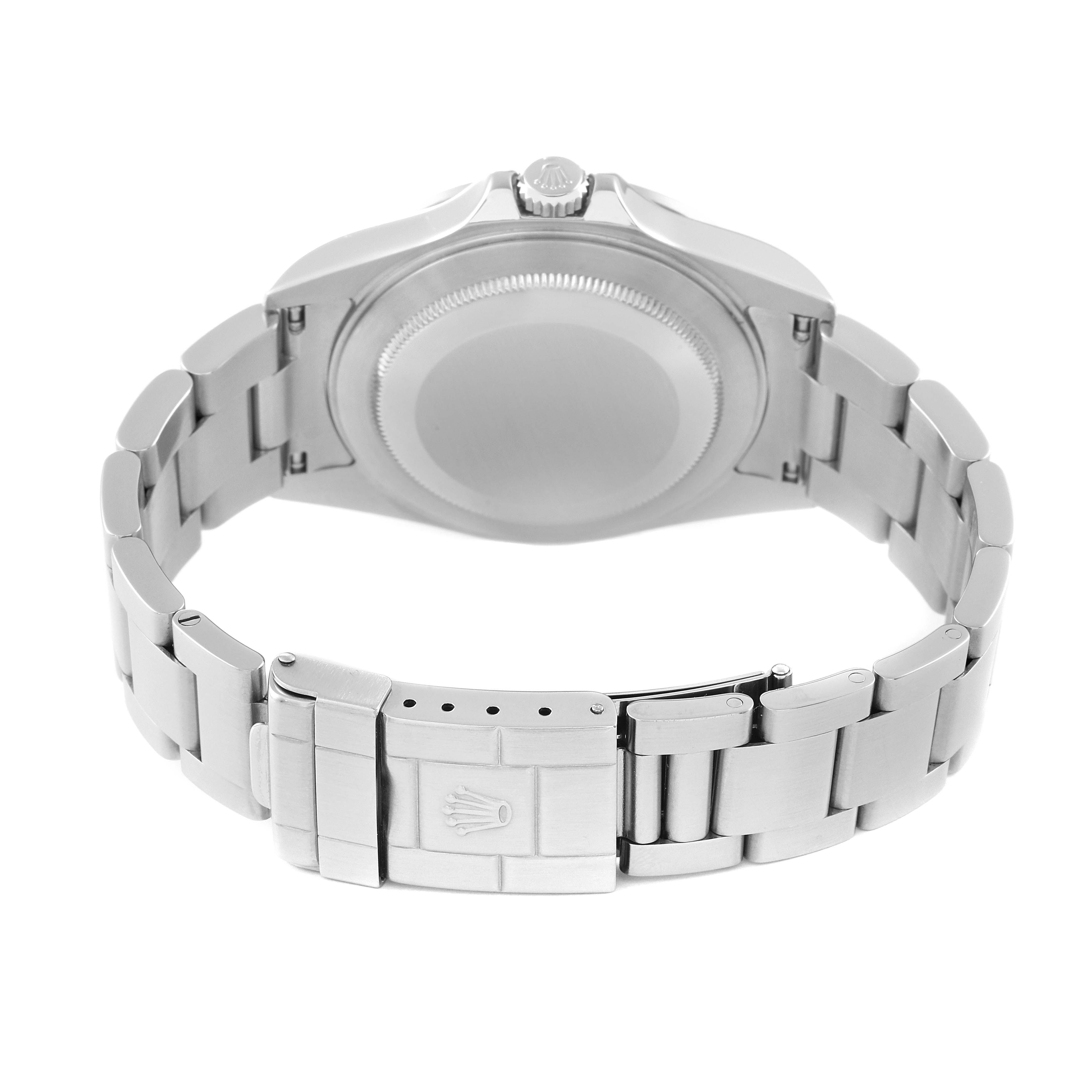 This image shows the back case and bracelet clasp of a Rolex Explorer 16570 Men
s Stainless Steel Black Dial 16570 Men
s Stainless Steel Black Dial watch from a rear angle.