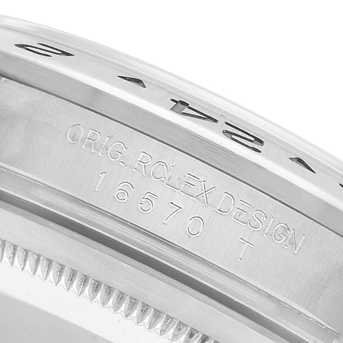 This close-up image shows the engraved bezel and case side of the Rolex Explorer 16570 Men
s Stainless Steel Black Dial 16570 Men
s Stainless Steel Black Dial model with the design number 16570.
