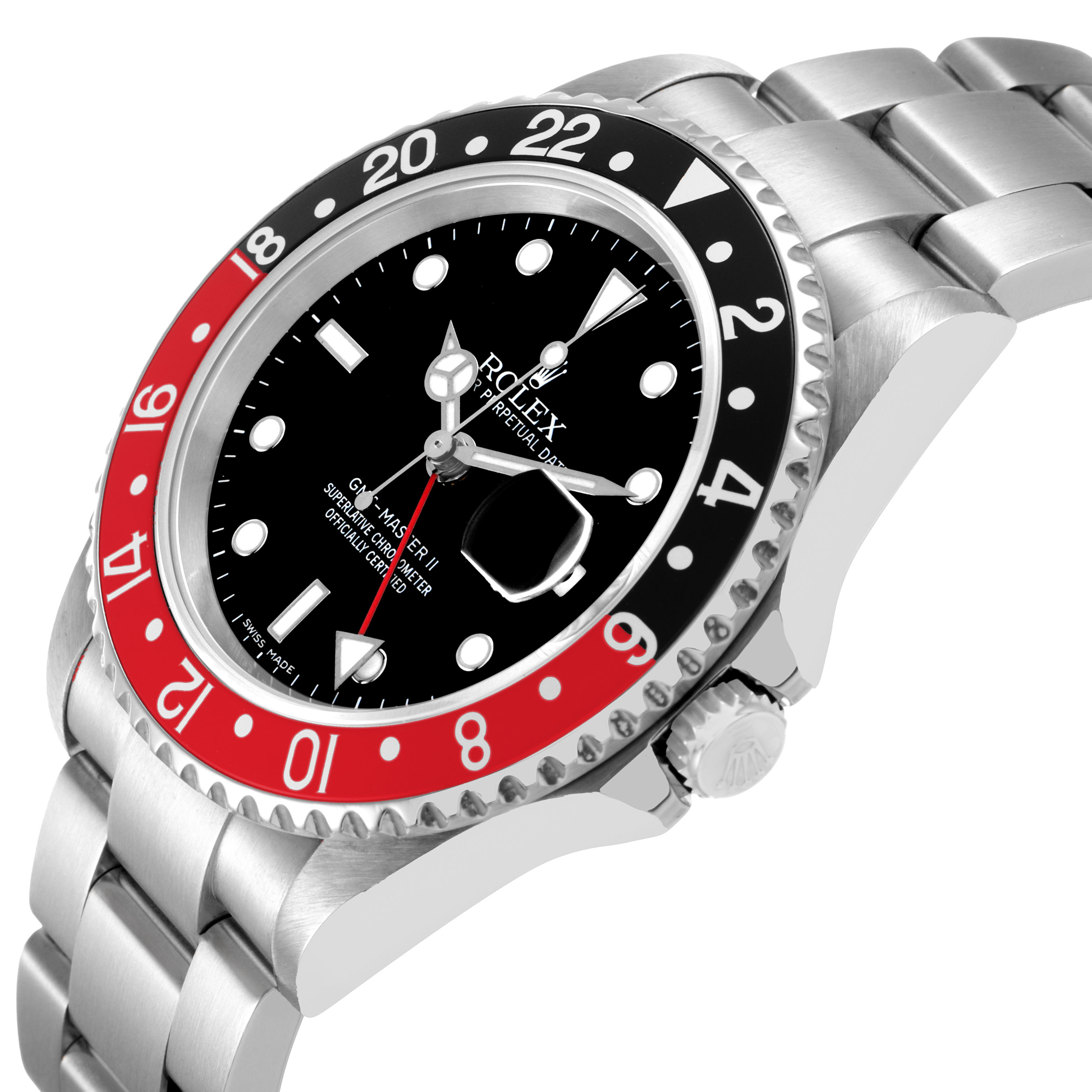 The Rolex GMT-Master 16710 Men's Stainless Steel Black Dial model is shown at an angled side view, highlighting the bezel, dial, bracelet, and crown.