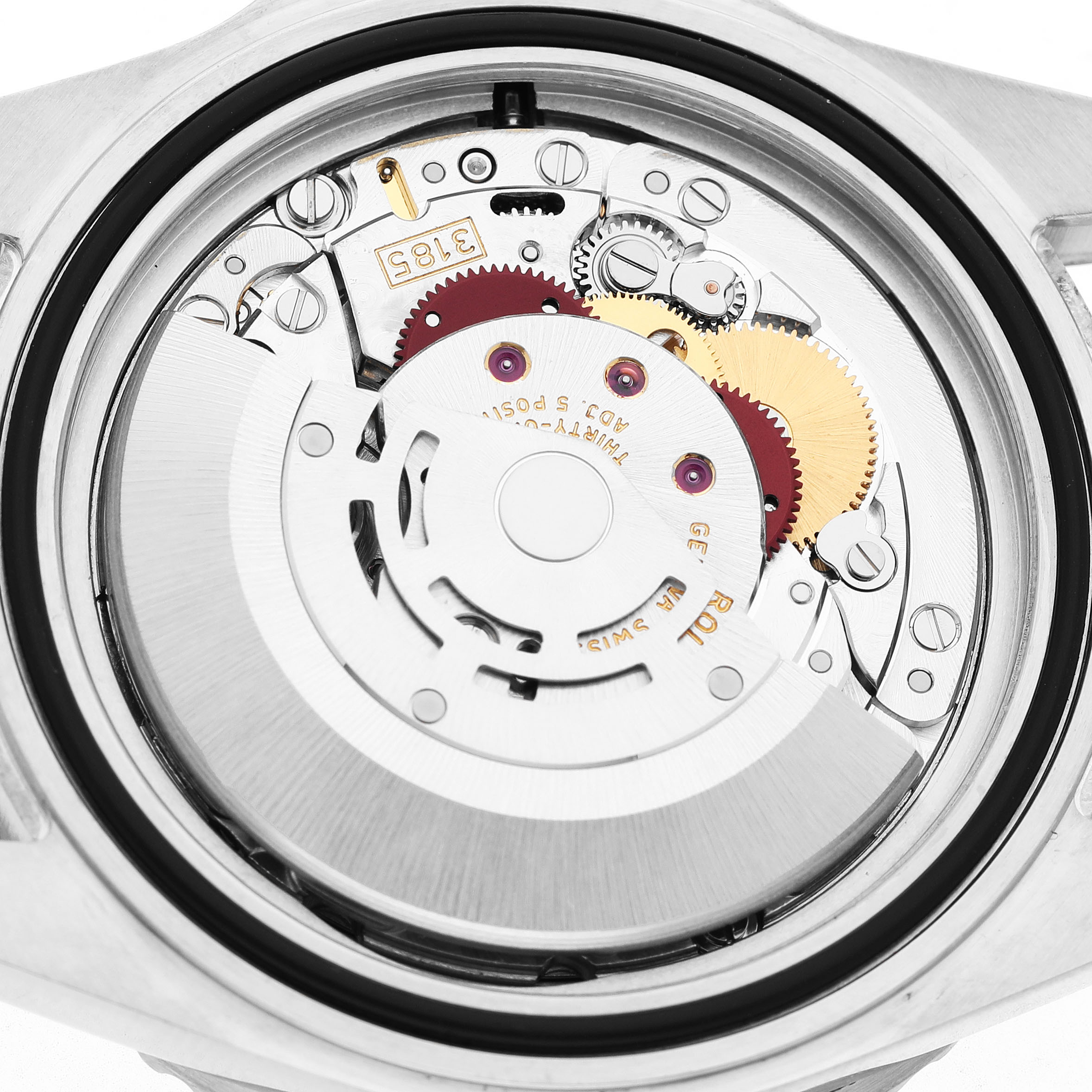 This image shows the Rolex GMT-Master 16710 Men's Stainless Steel Black Dial watch from the back, highlighting its intricate movement and mechanics.