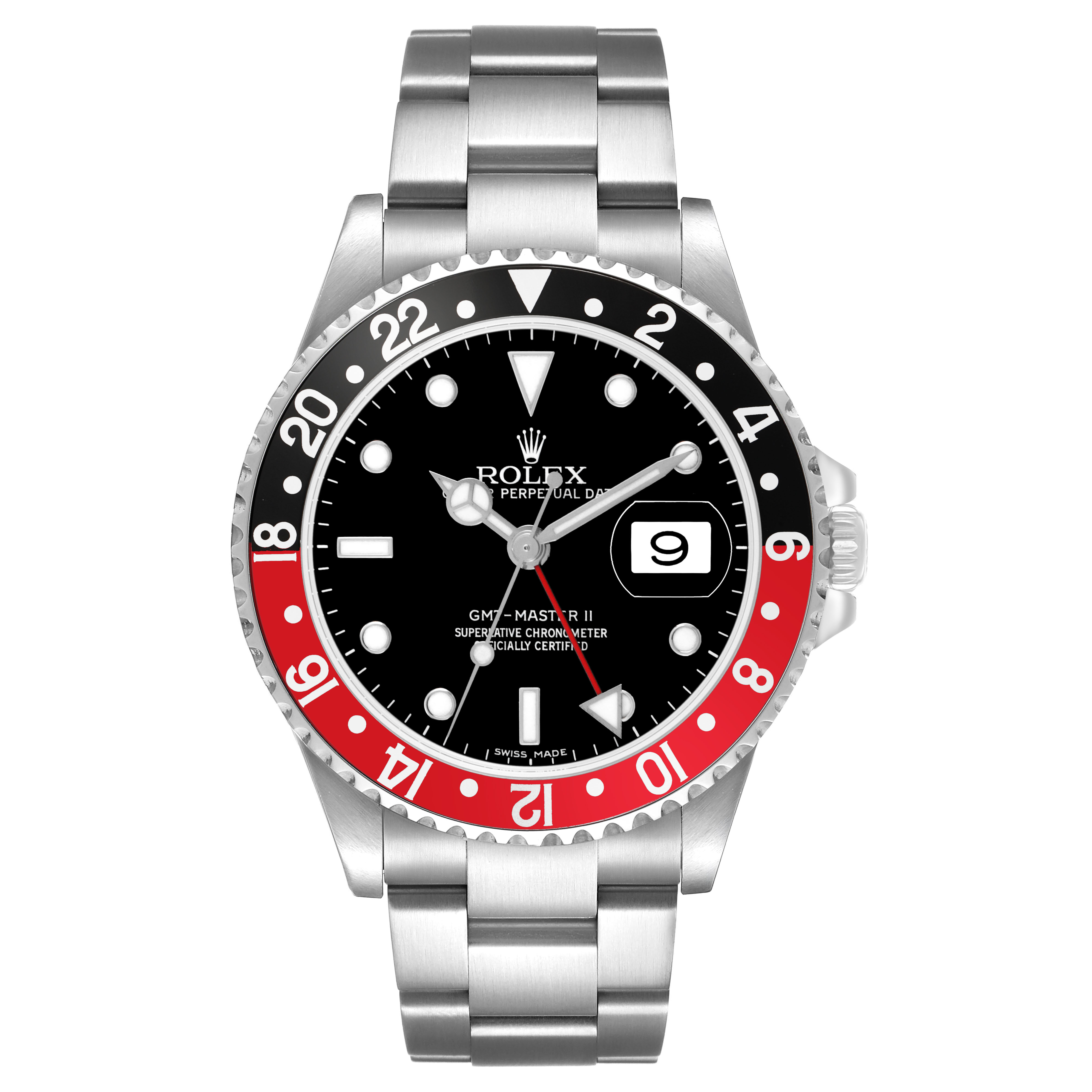 This image shows a front view of the Rolex GMT-Master 16710 Men's Stainless Steel Black Dial II, highlighting its bezel, dial, and bracelet.