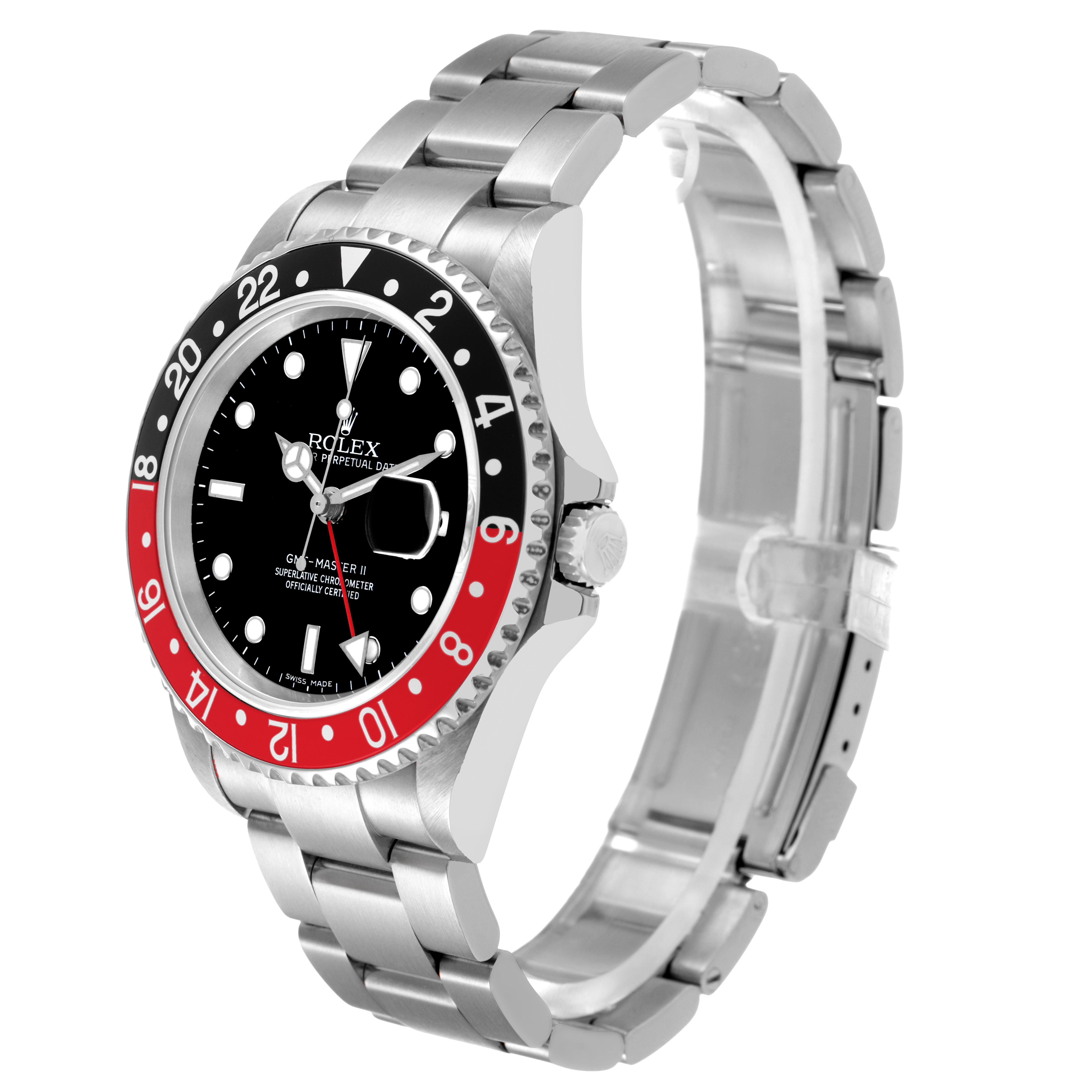 The image shows a Rolex GMT-Master 16710 Men's Stainless Steel Black Dial watch at a three-quarter angle, highlighting the bezel, dial, crown, and bracelet.