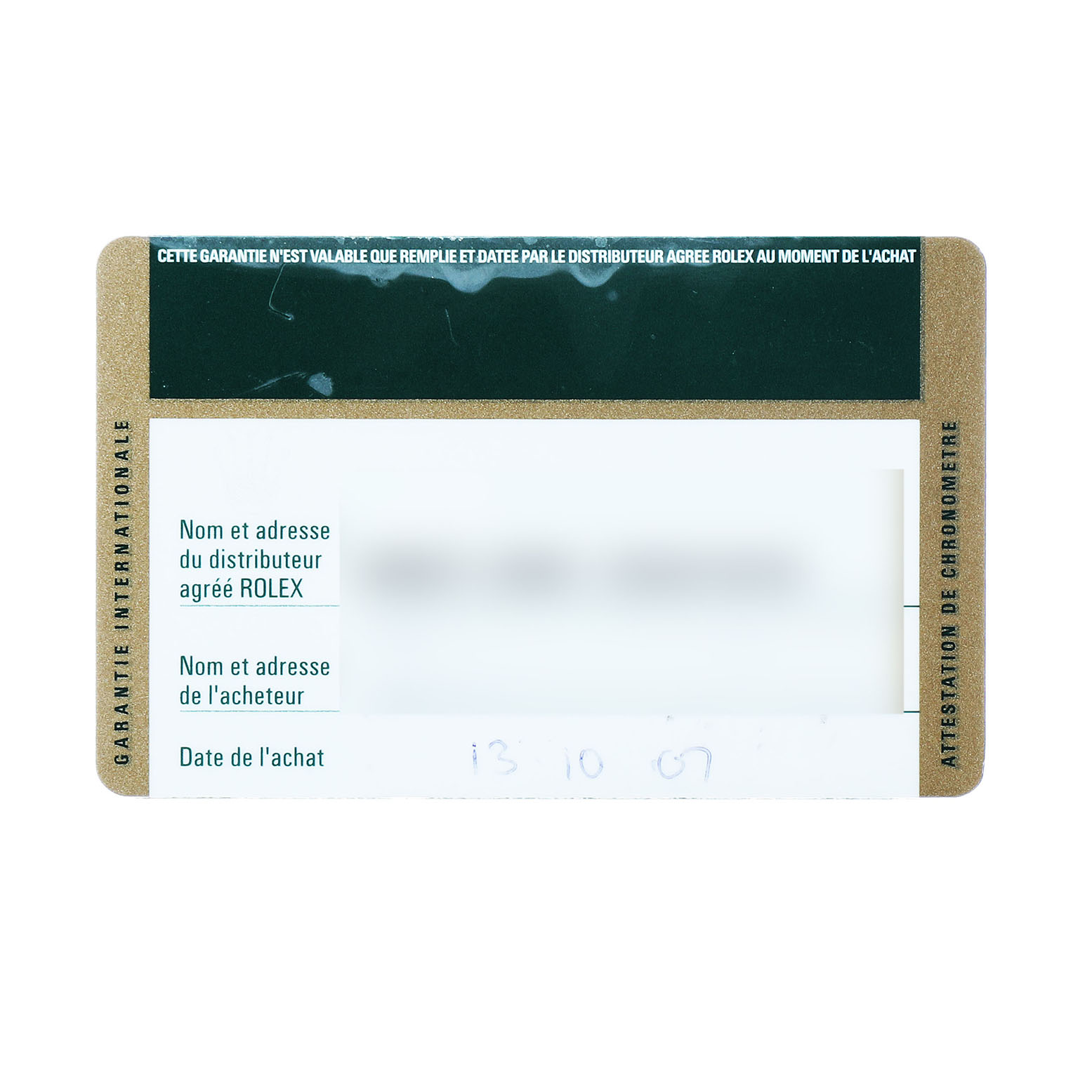 The image shows a warranty card for a Rolex GMT-Master 16710 Men's Stainless Steel Black Dial watch, featuring text and date information.