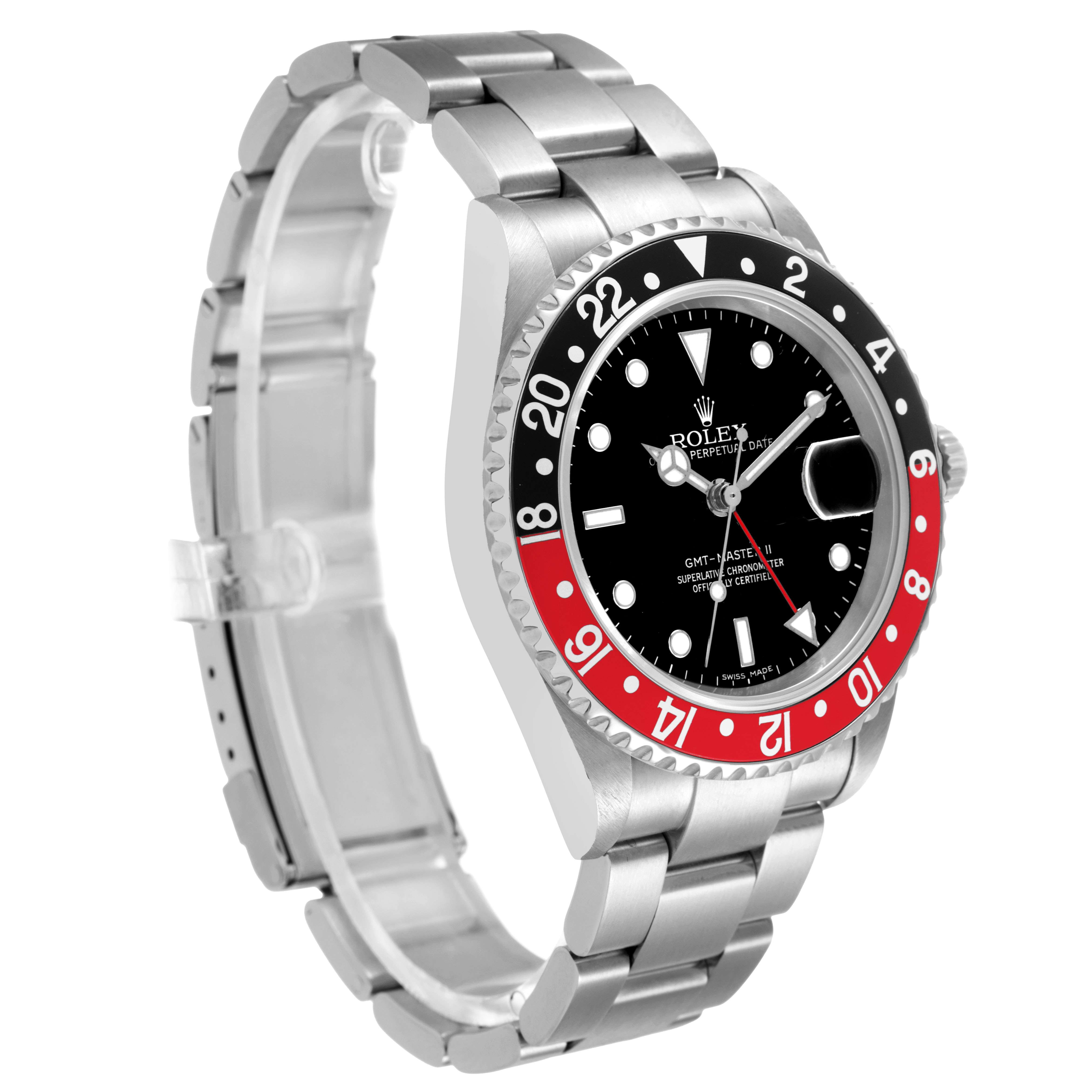 The Rolex GMT-Master 16710 Men's Stainless Steel Black Dial watch is shown at a three-quarter angle, displaying the bezel, dial, case, and bracelet.