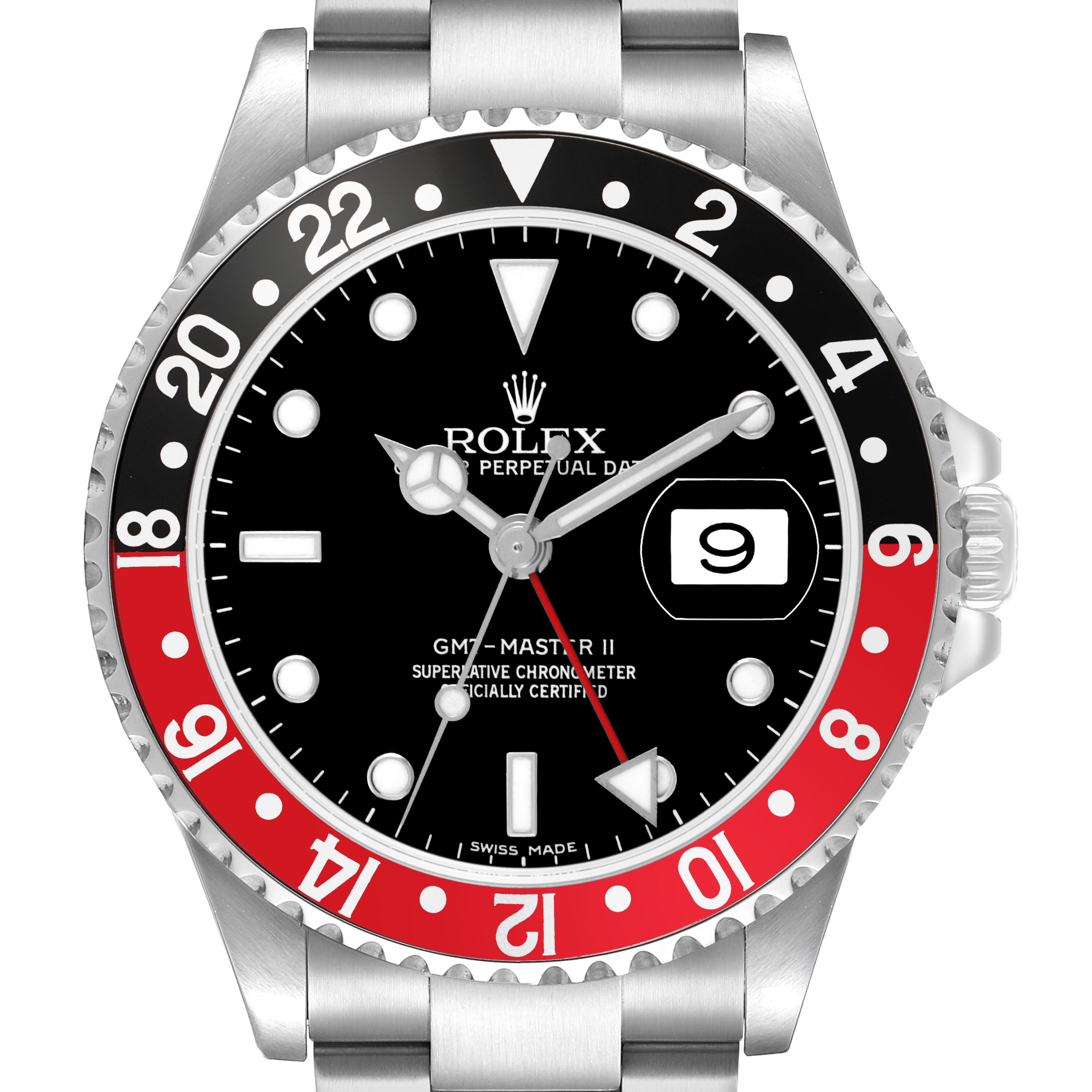 The Rolex GMT-Master 16710 Men's Stainless Steel Black Dial watch is shown from the front, displaying the bezel, dial, hands, and date window.