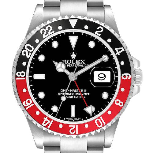 The image shows the Rolex GMT-Master 16710 Men's Stainless Steel Black Dial II watch face straight-on, highlighting the bezel, dial, and date window.
