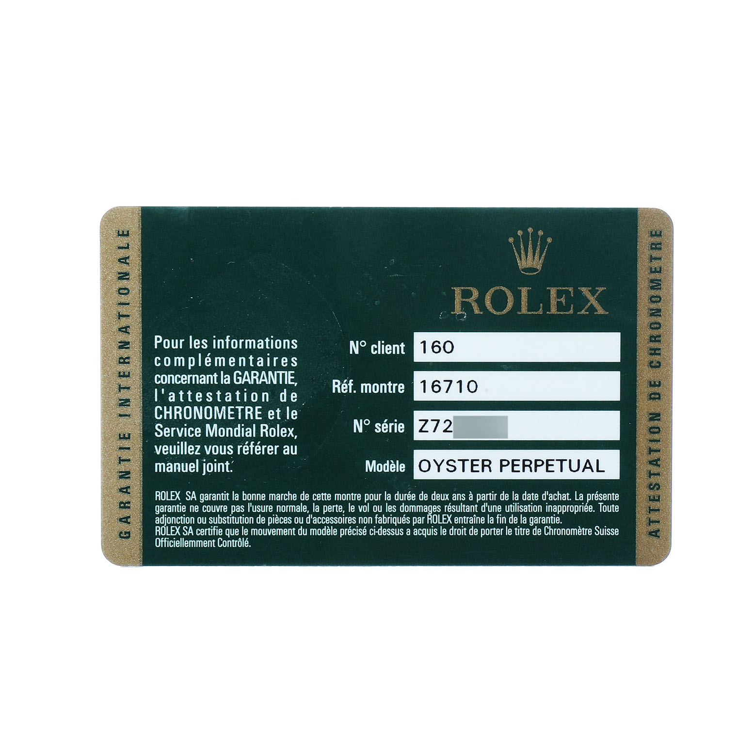 The image shows a Rolex GMT-Master 16710 Men's Stainless Steel Black Dial warranty card detailing model and reference numbers.