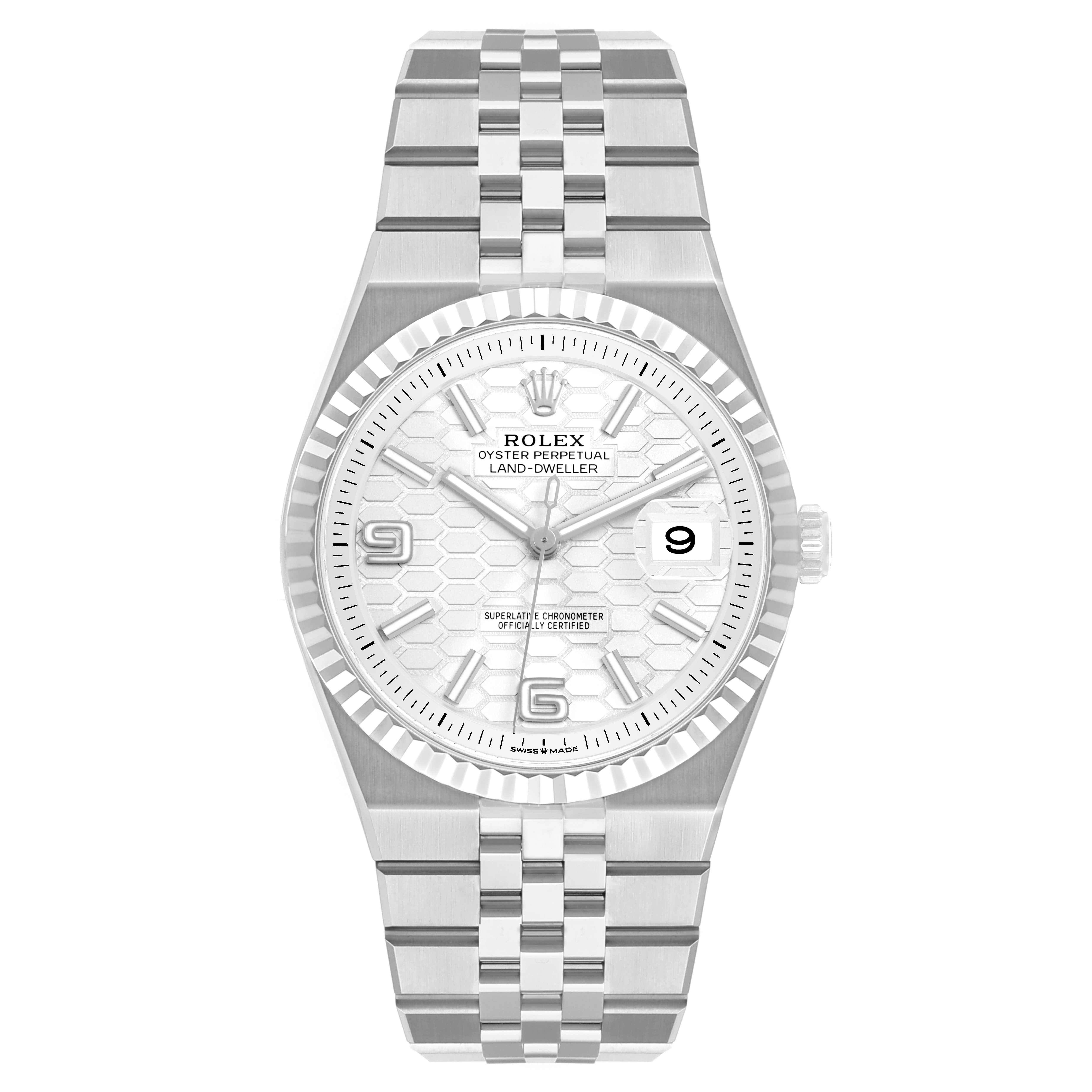 The Rolex Land-Dweller watch is shown from a top view, displaying its dial, bezel, bracelet, and crown.